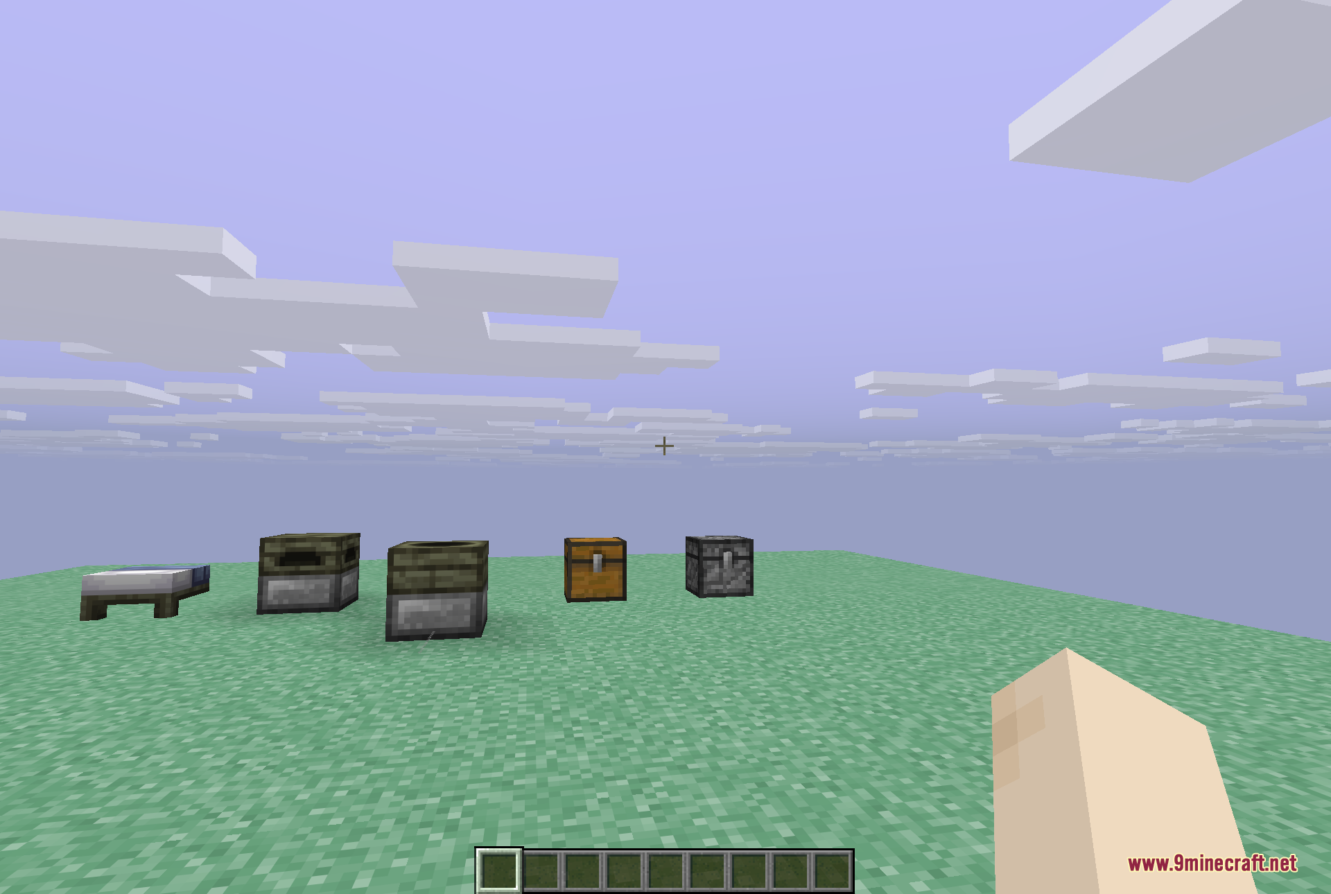 A row of the mod's utility blocks set out on grass, including a Skyroot bed, an Incubator, a Freezer, a Skyroot chest, and a Holystone chest