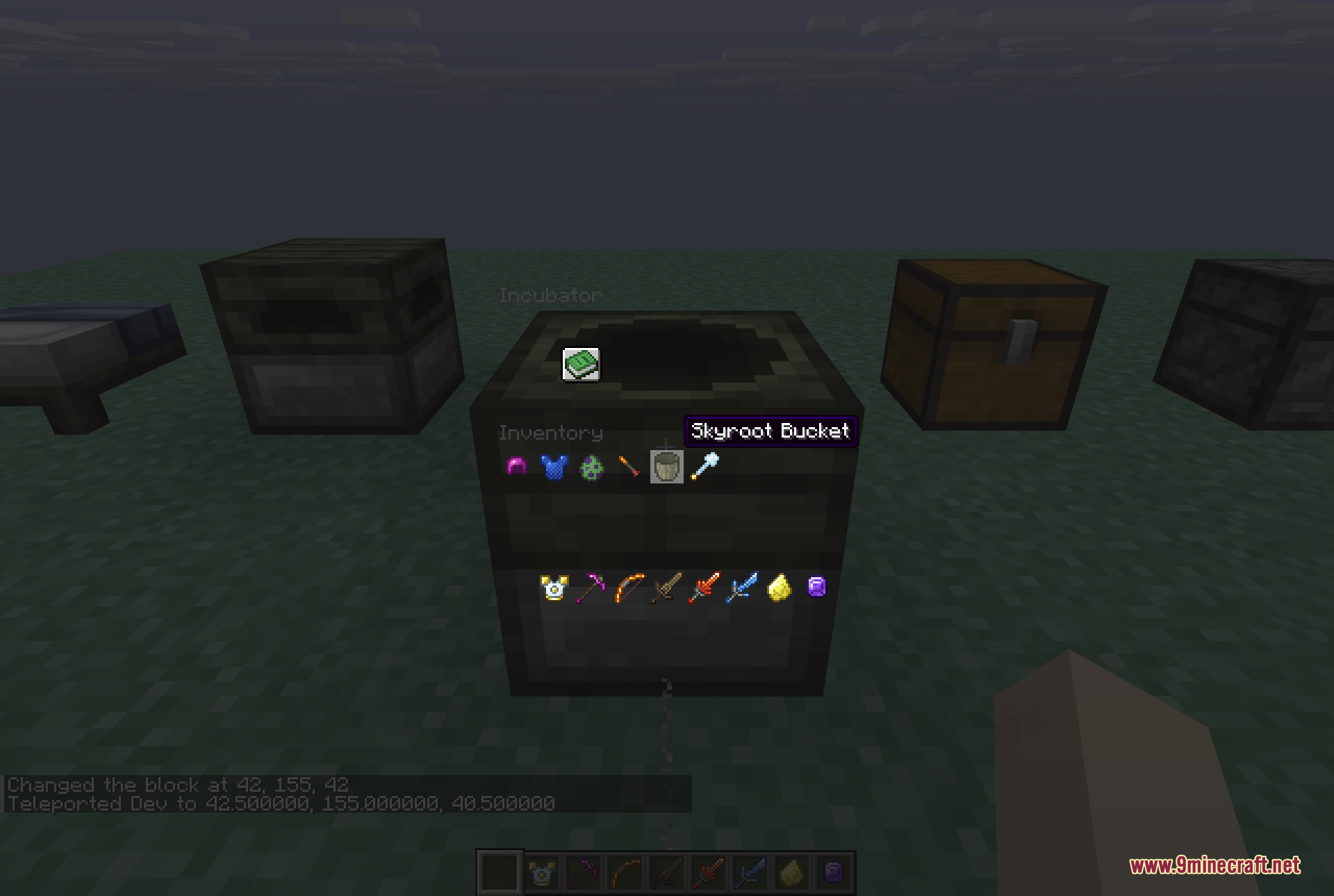 The Incubator block interface open, used to hatch Moa eggs, with Aether armor, wings, and a Skyroot Bucket shown in the inventory below