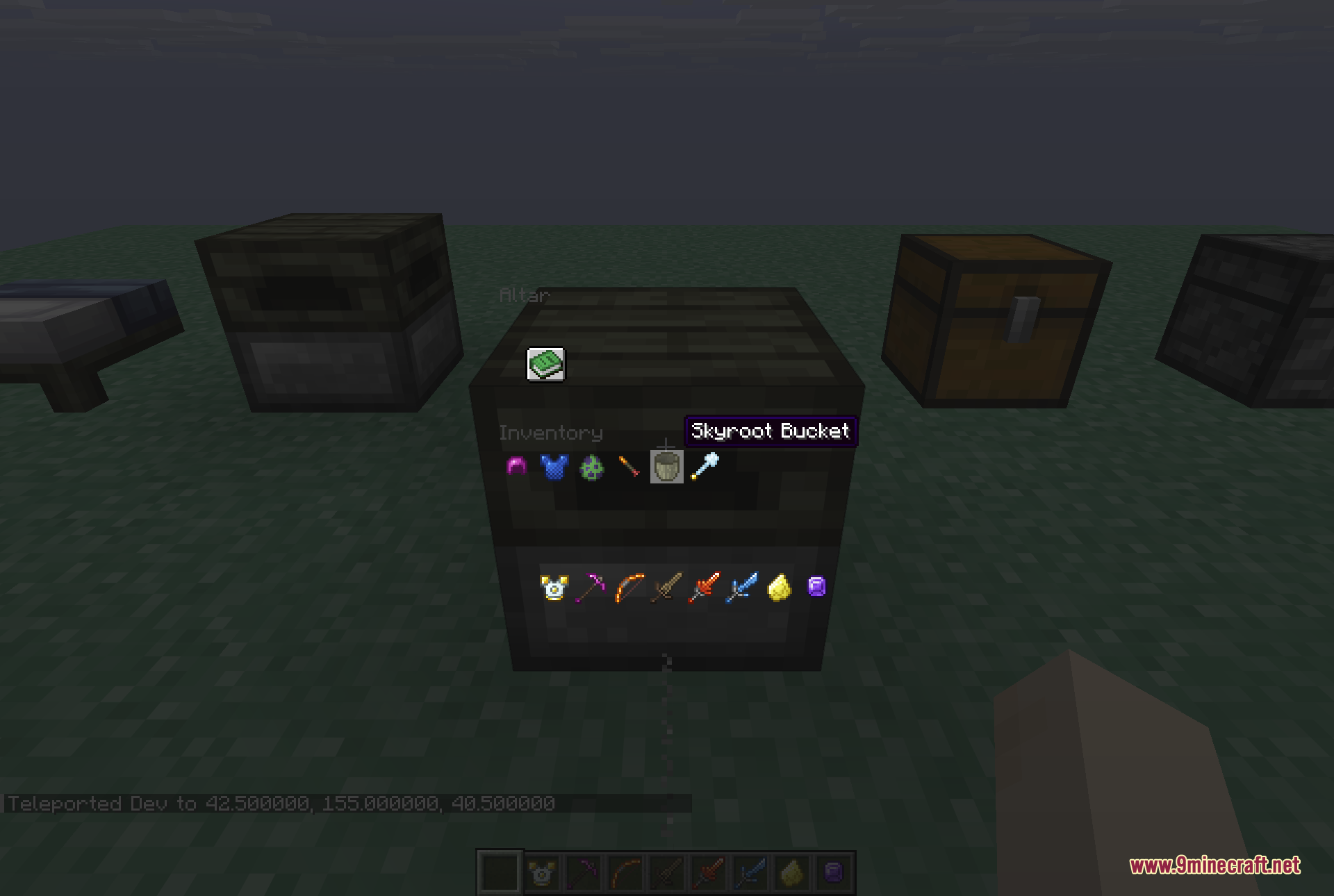 The Altar block interface open, used to repair and enchant Aether gear, with the same Aether items and a highlighted Skyroot Bucket in the inventory