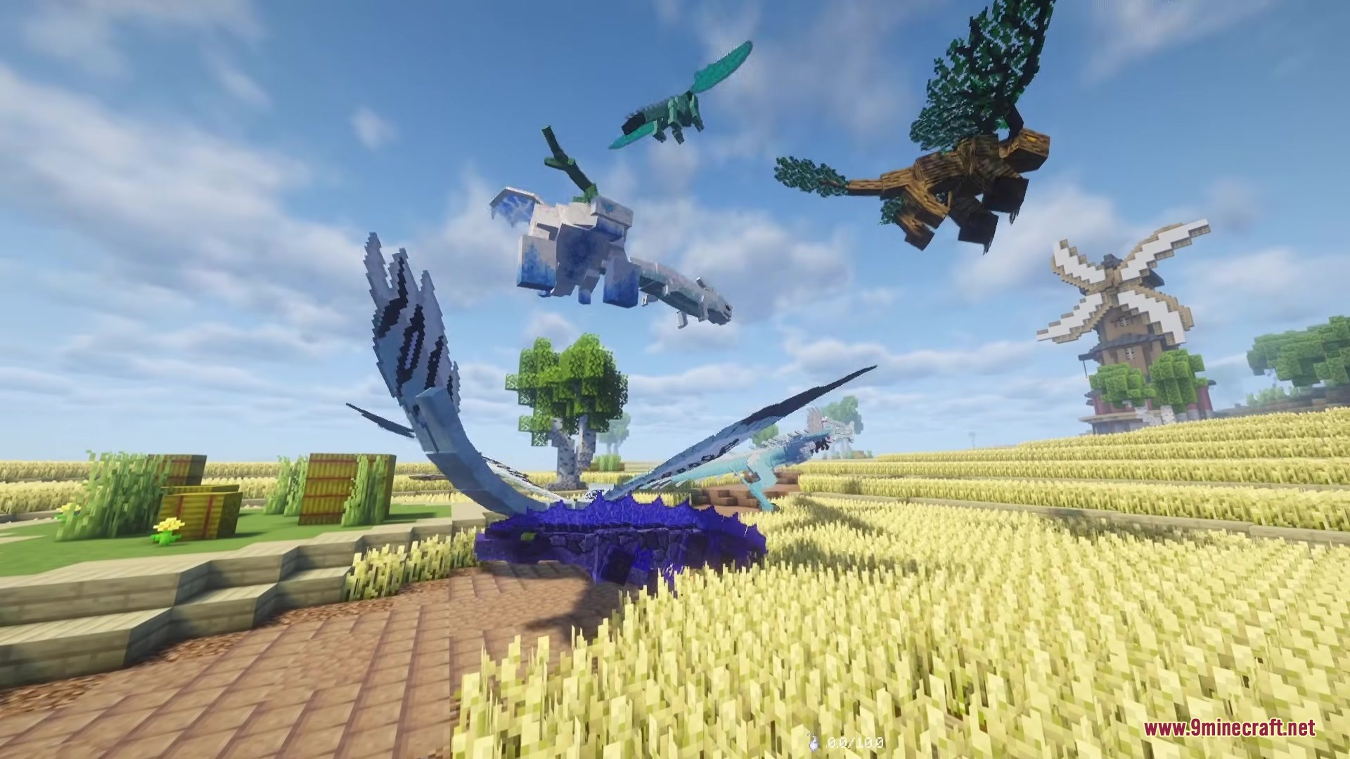 Various dragons from the Age of Dragons mod fly over wheat fields
