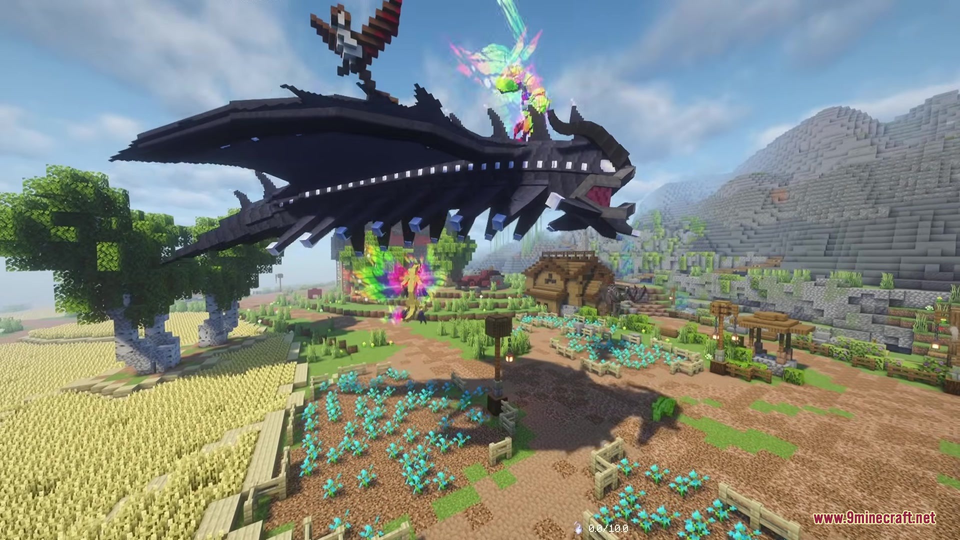 A giant black dragon flies over a peaceful village and wheat farm