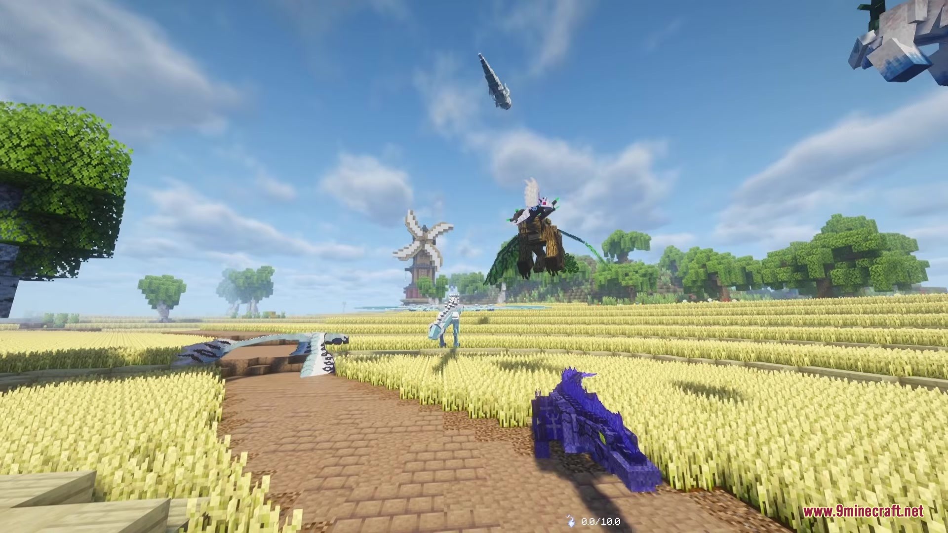 A purple dragon stands in a field while flying creatures soar overhead