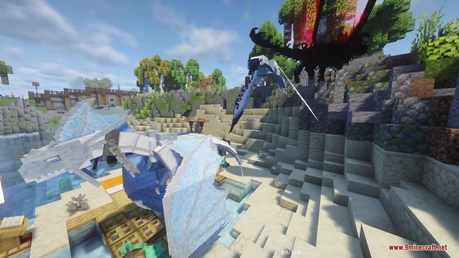 A large white dragon stands near a river in a scenic Minecraft landscape