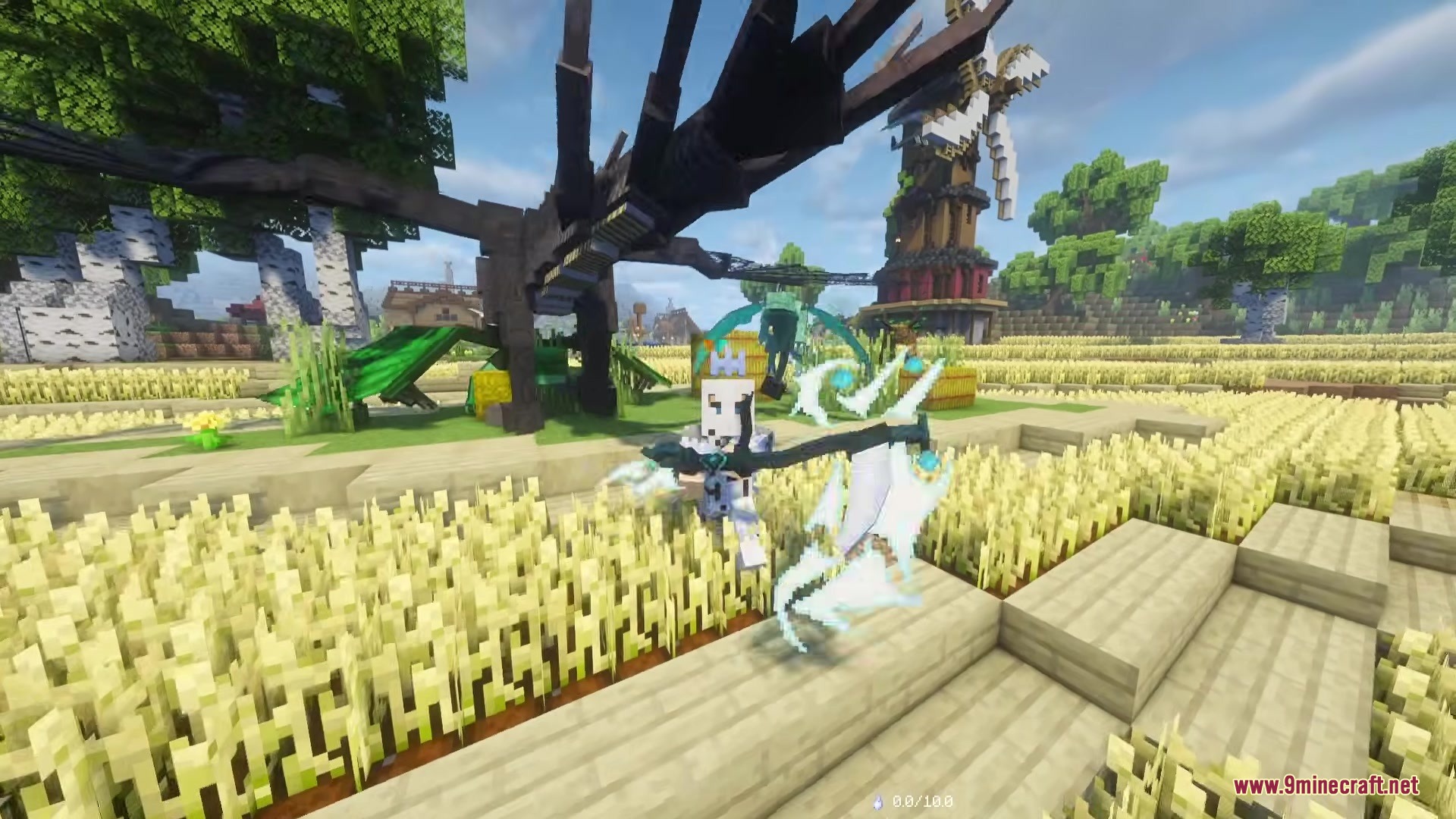 A Minecraft character holding a glowing staff in a field with a large dragon
