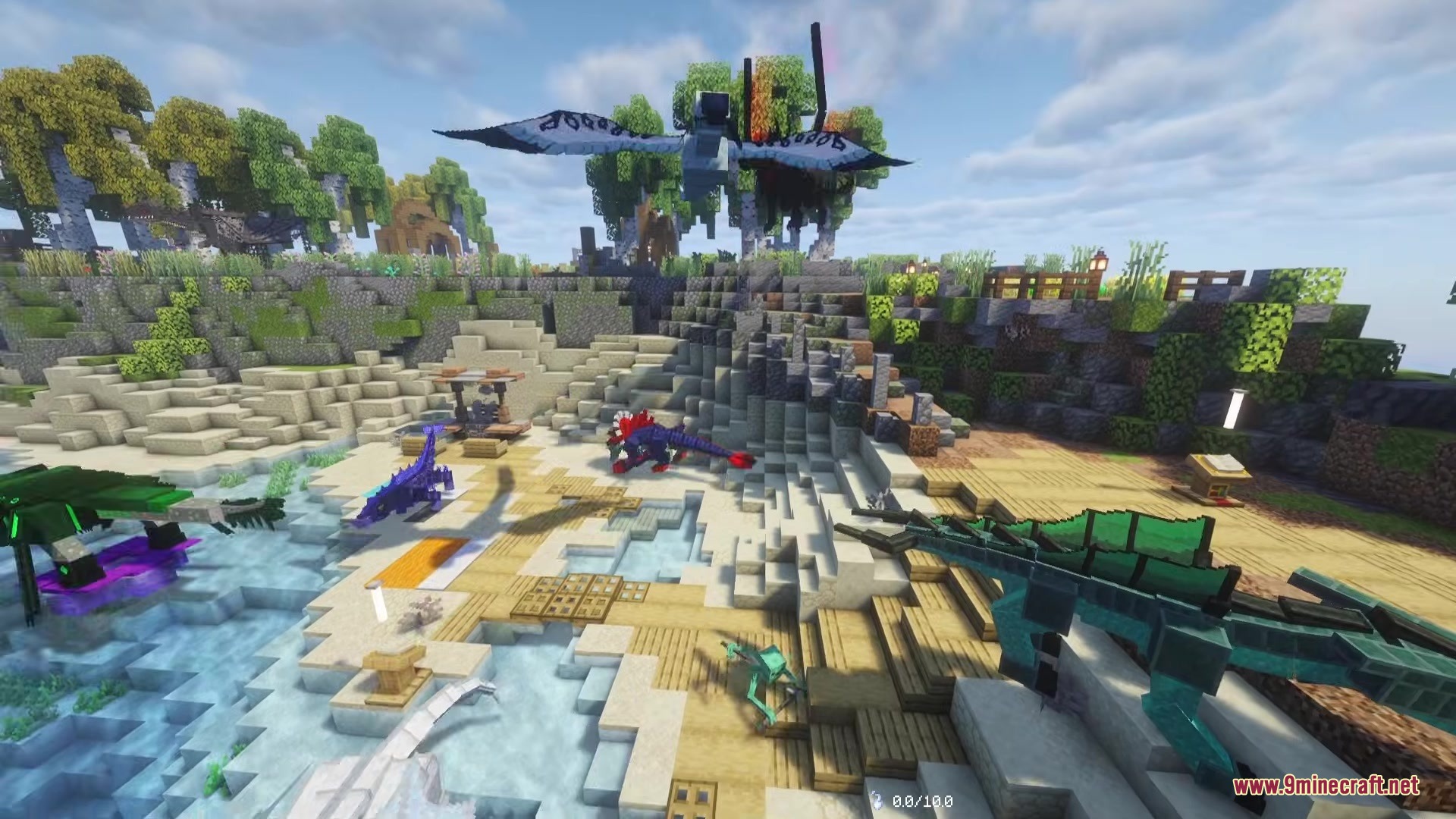 A group of diverse dragons and monsters standing on a beach in Minecraft