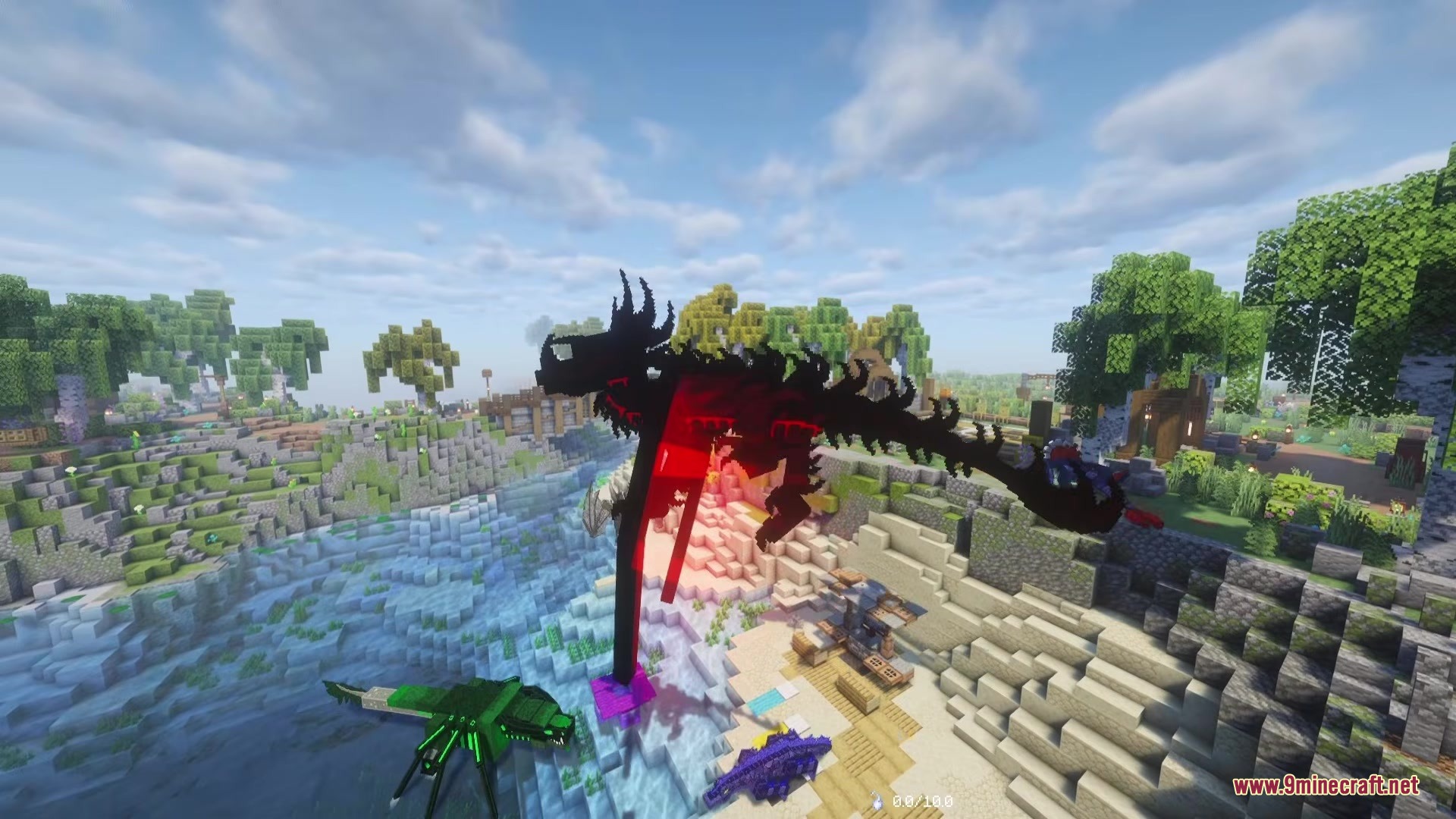 A giant black dragon with red wings flies above a river and beach