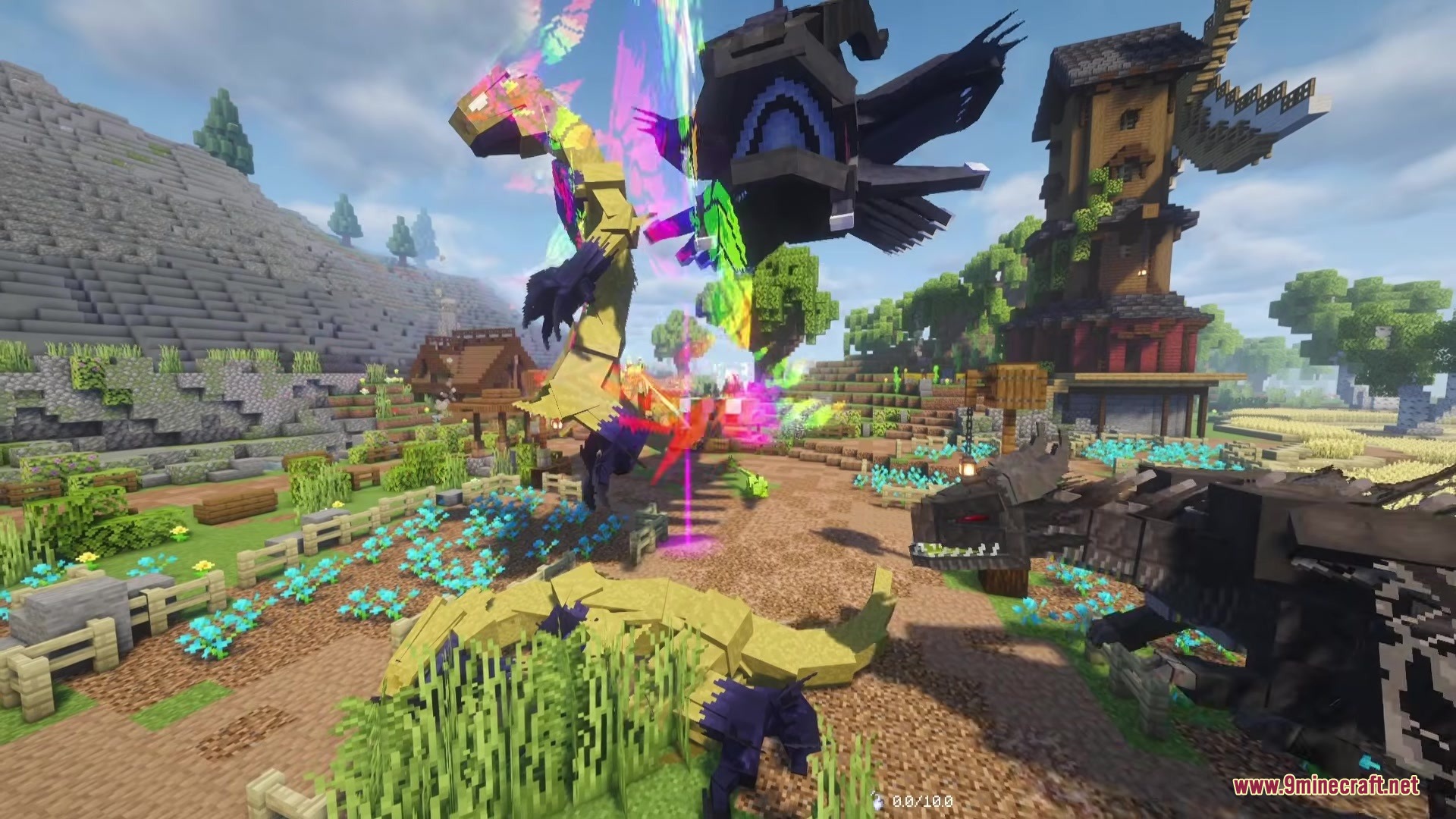 Vibrant dragons with rainbow wings stand near a tall house in a village