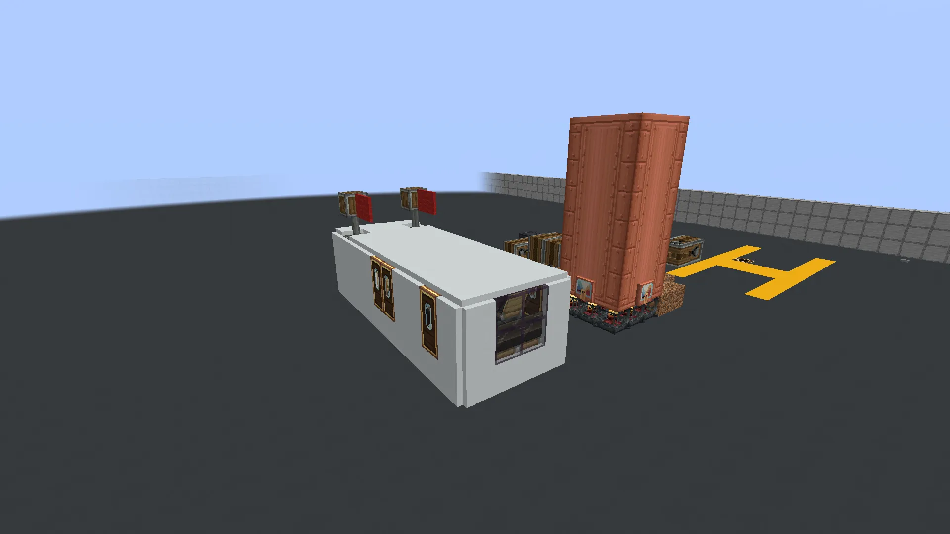 Side view of the airport shuttle parked next to a tall copper boiler