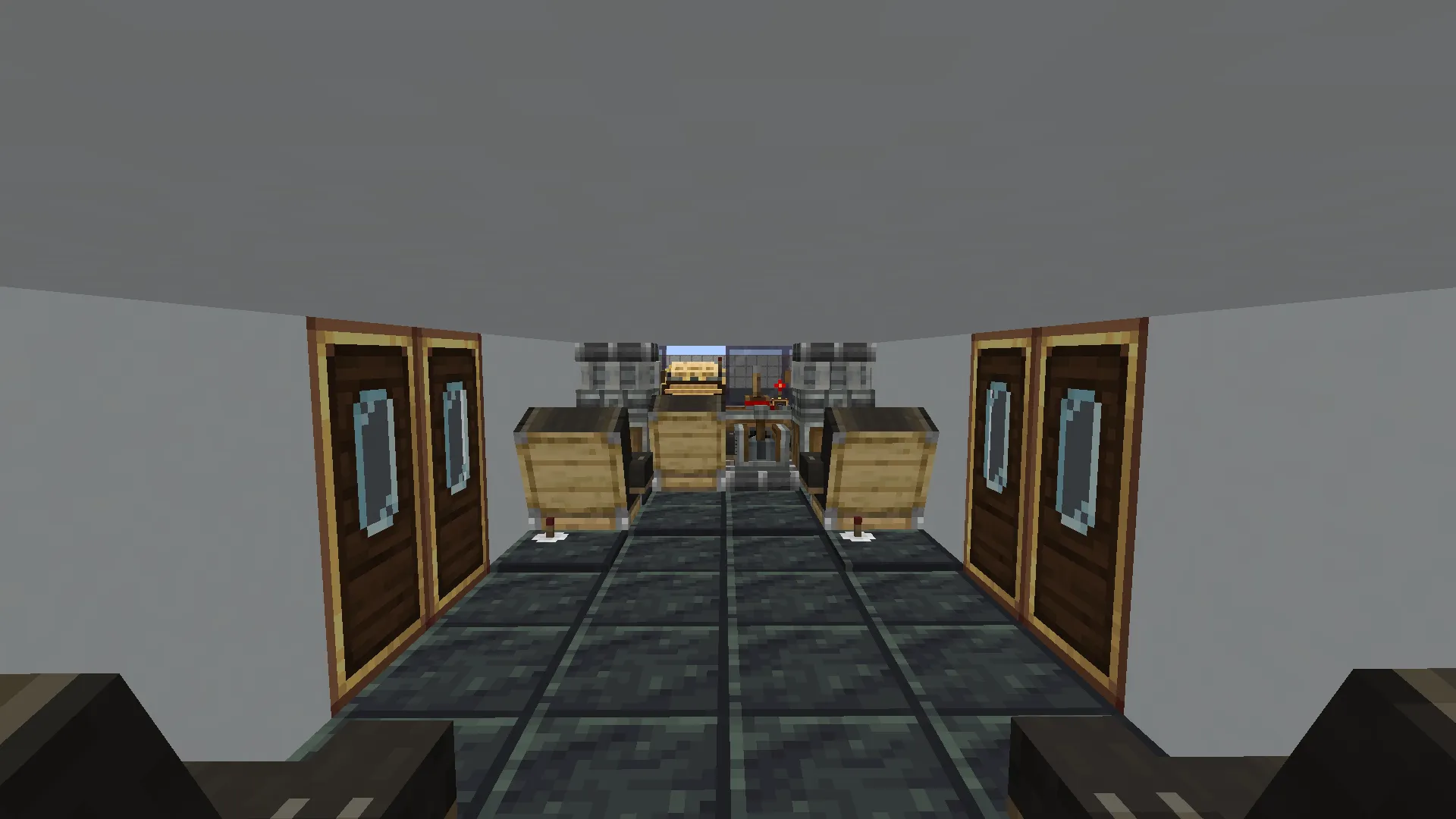 Interior of a Minecraft airport shuttle showing wooden seats and the cockpit