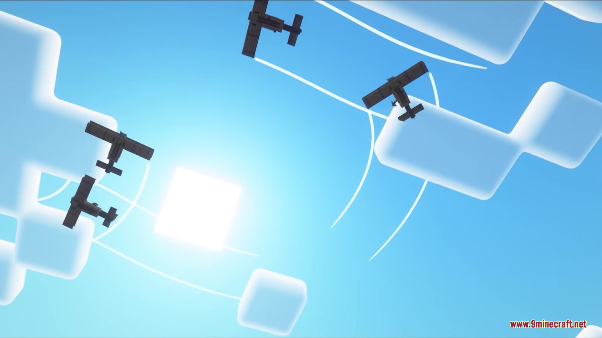 Airraid Mod Screenshot 1 Four biplanes soar through a bright sky with blocky clouds and square sun