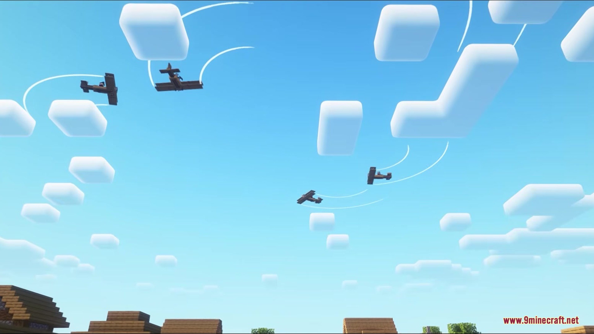 Airraid Mod Screenshot 2 Four biplanes fly over a village leaving white trails in the sky