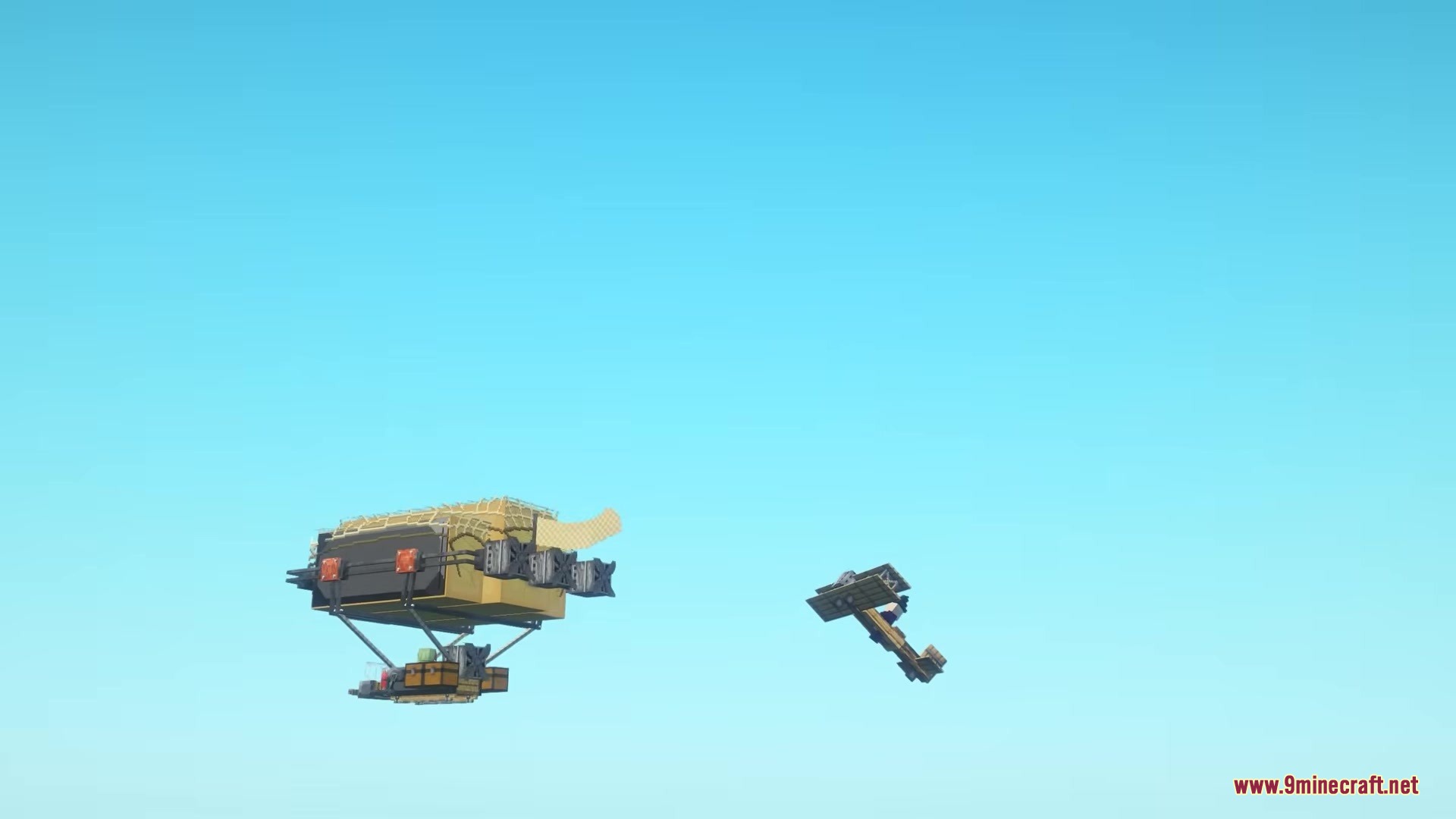 Airraid Mod Screenshot 3 A Pillager airship and a biplane flying through the clear blue sky