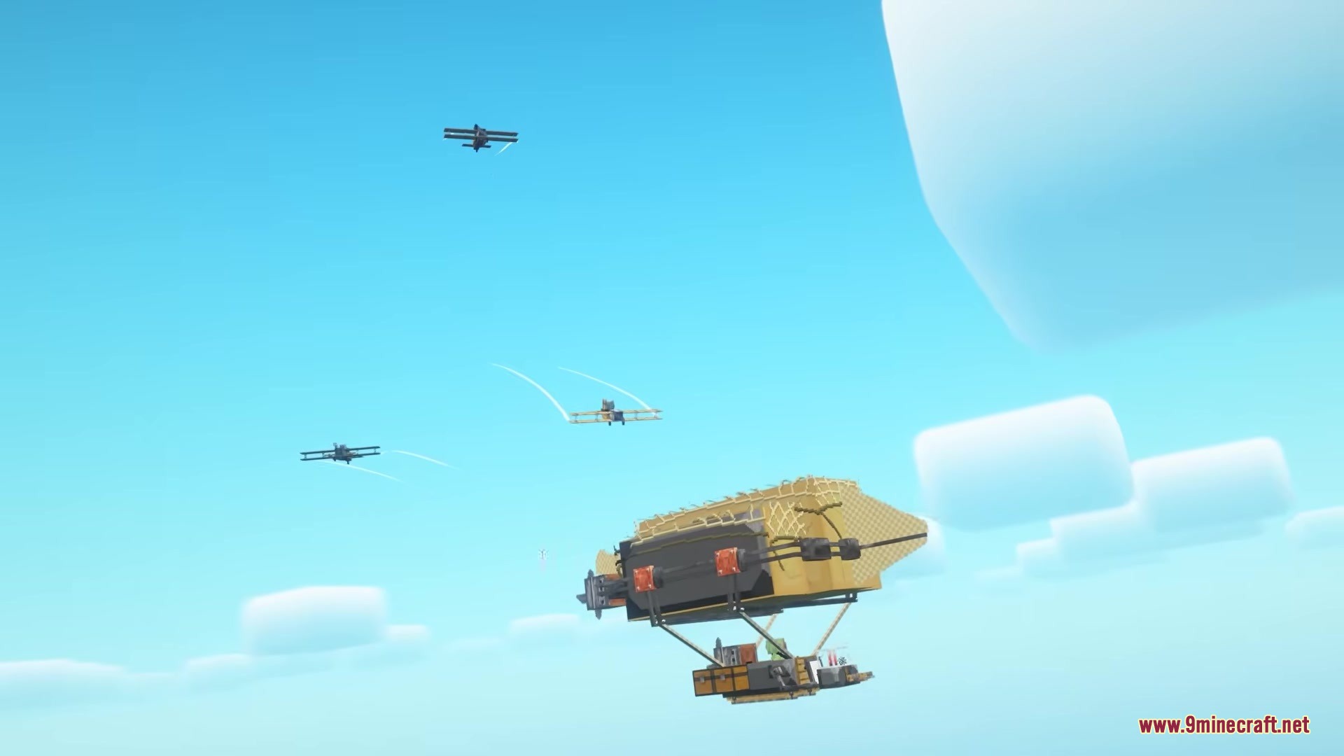 Airraid Mod Screenshot 4 Several biplanes leave white trails while flying near a large yellow airship