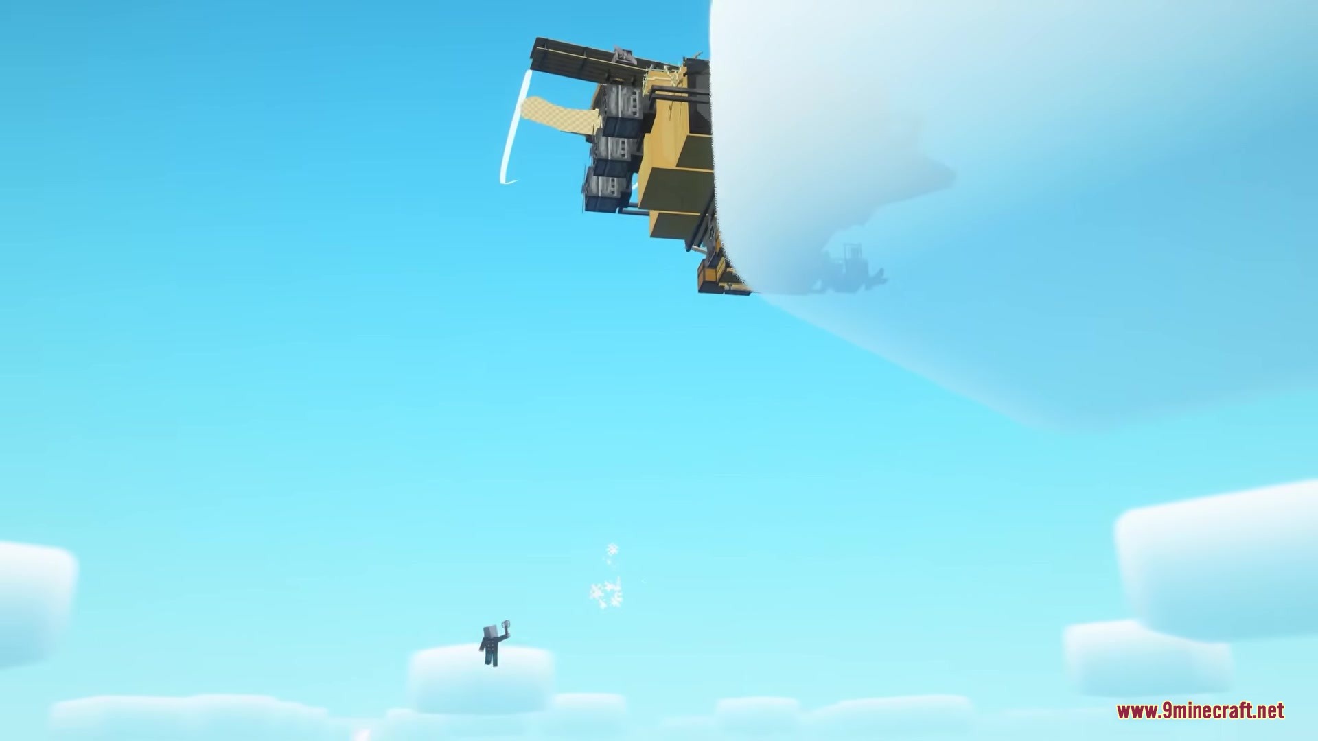 Airraid Mod Screenshot 5 A pillager airship flying high in the sky above a falling player