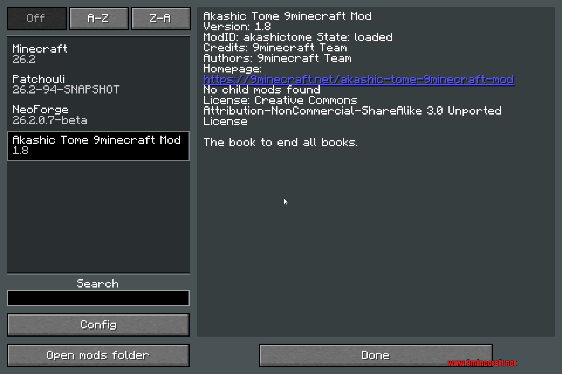 Akashic Tome 9minecraft Mod Screenshot 1 Minecraft mod menu screen showing technical details for the Akashic Tome mod