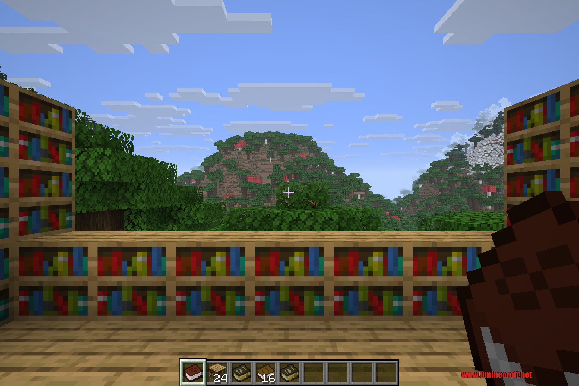 Akashic Tome 9minecraft Mod Screenshot 2 A player holding a brown book while standing in front of many bookshelves
