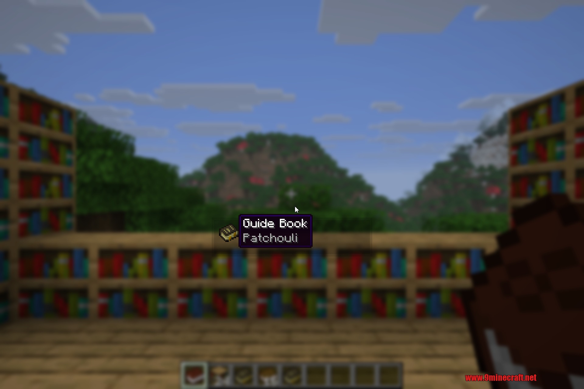 Akashic Tome 9minecraft Mod Screenshot 3 Player holding a guide book in front of a wall of bookshelves