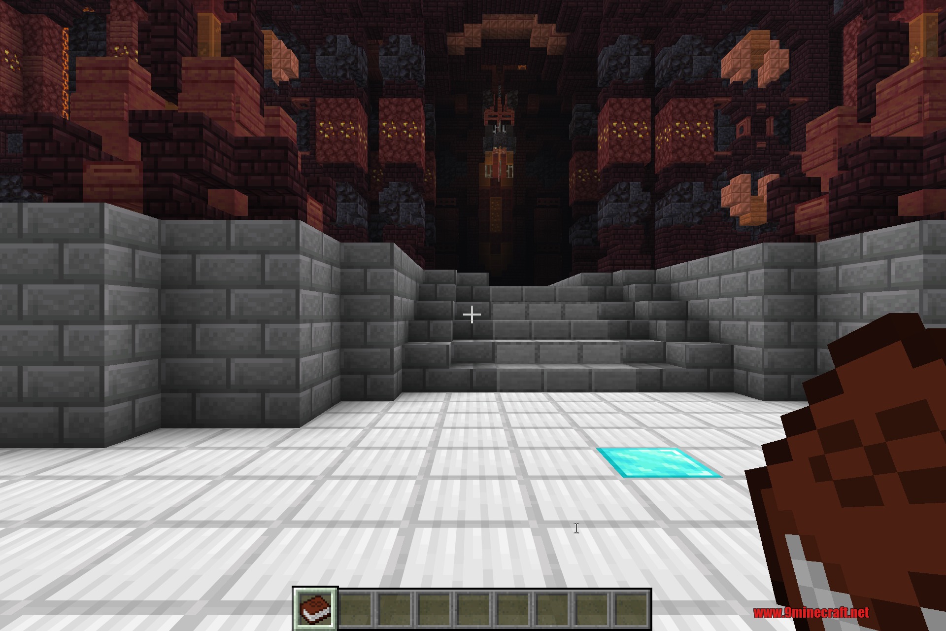 Akashic Tome 9minecraft Mod Screenshot 6 Player holding a guide book inside a massive stone and brick chamber