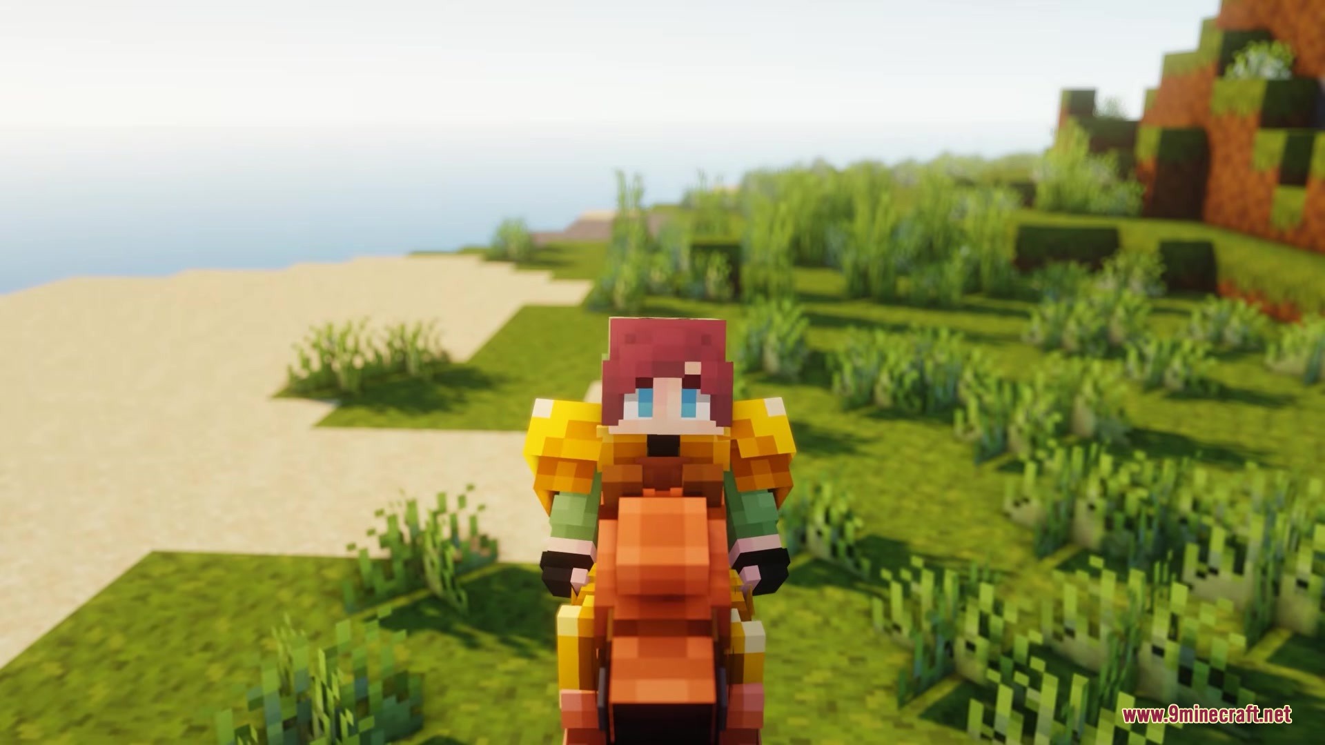 A player character with red hair riding a kangaroo on a grassy beach