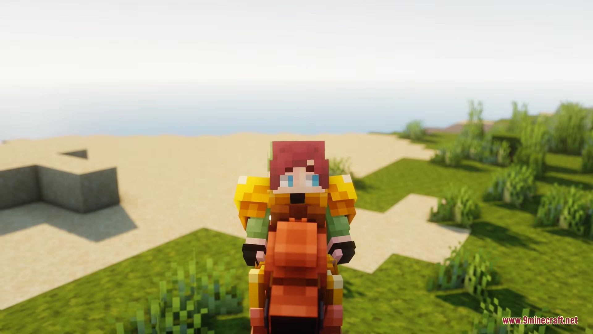 Minecraft character wearing golden armor riding a kangaroo near the ocean shore