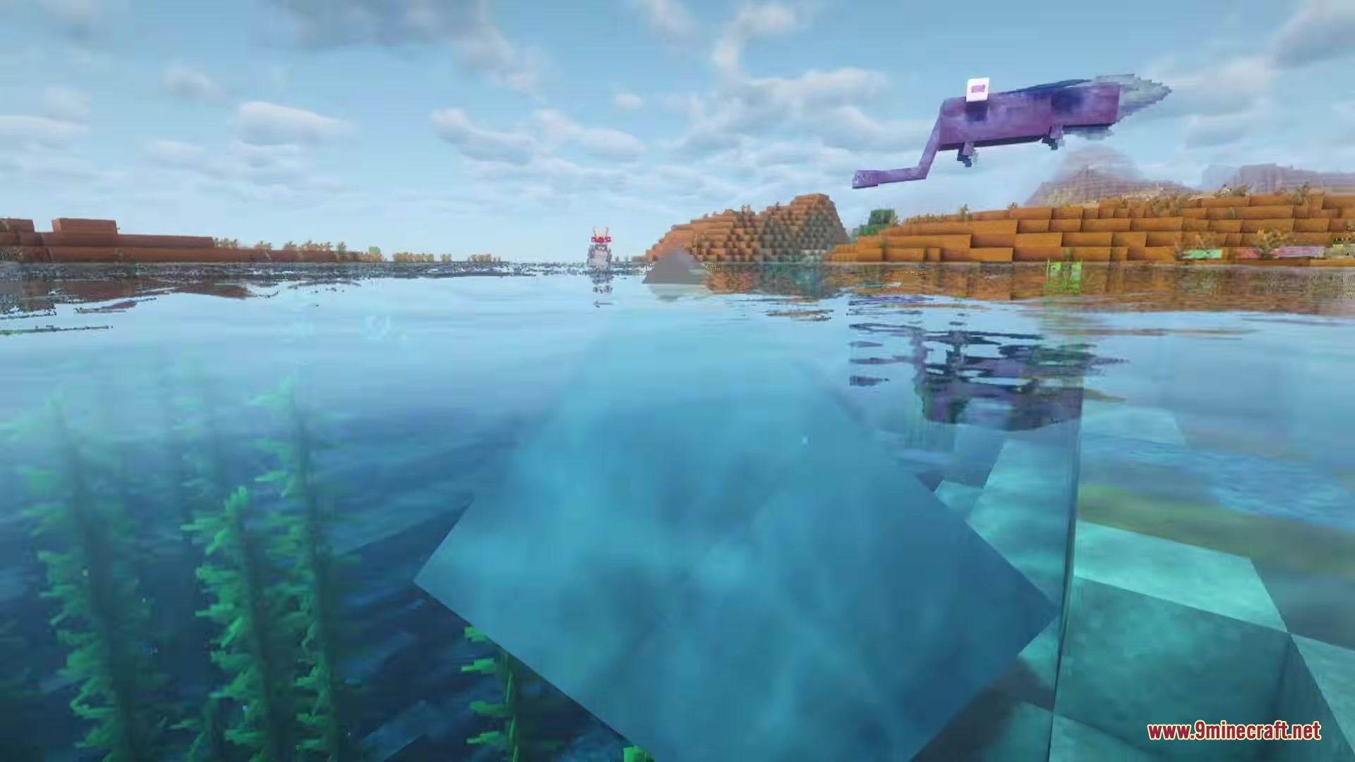 A purple flying creature glides over a river in a Minecraft world