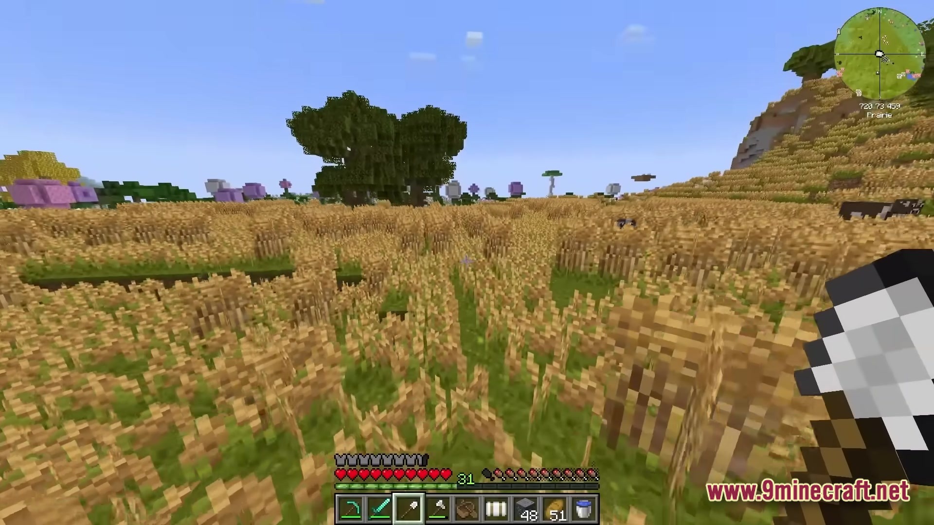 All The Mods 10 ATM10 Modpack Screenshot 3 A player explores a prairie biome filled with tall grass and modded trees in ATM10