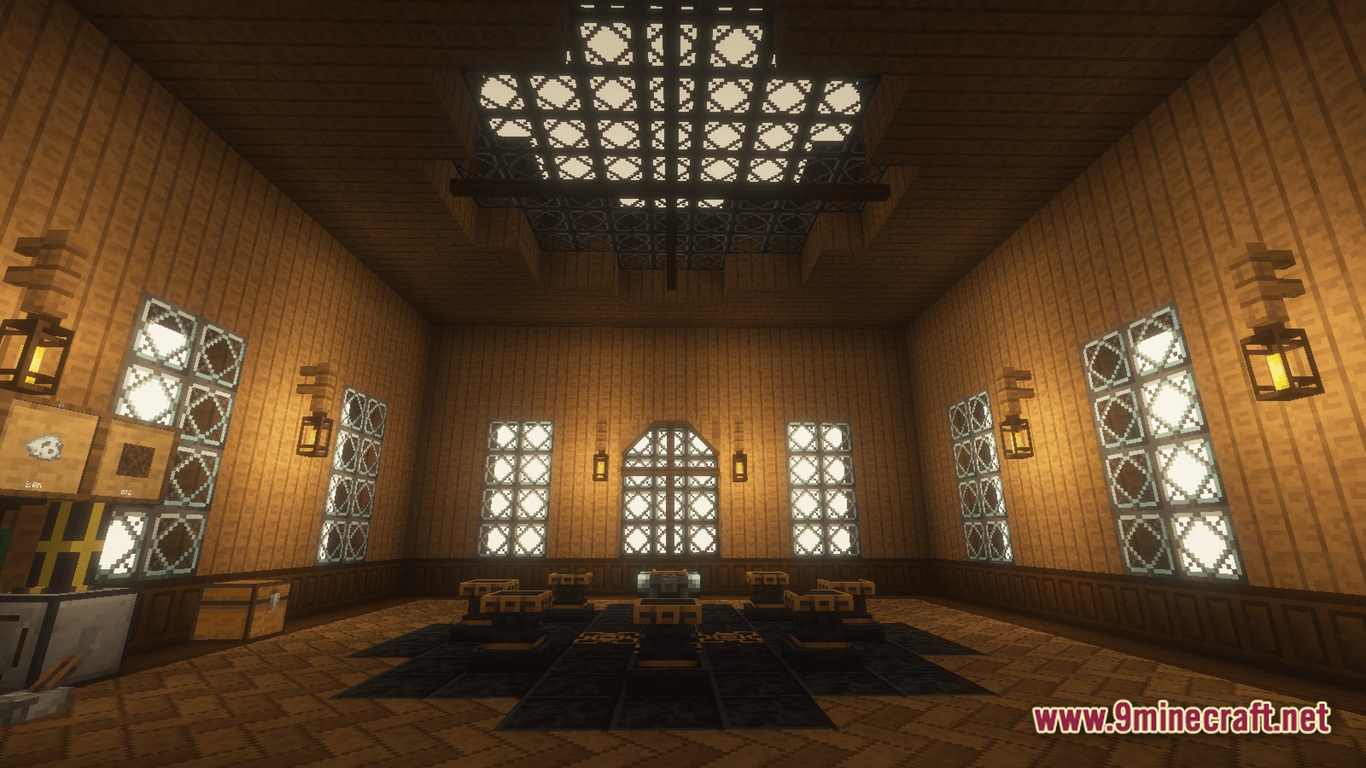 All The Mods 10 ATM10 Modpack Screenshot 7 A wooden interior featuring an Apotheosis enchanting setup with bookshelves, candles, and decorative windows