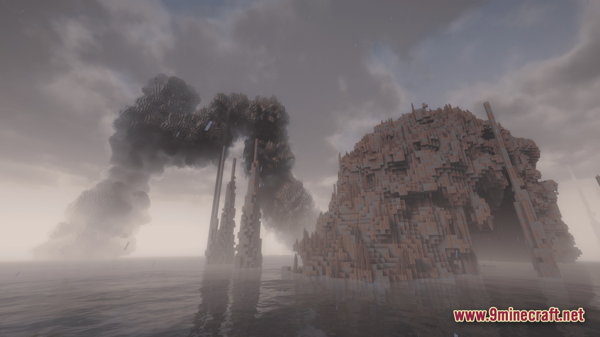 All The Mods 10 ATM10 Modpack Screenshot 8 Massive stone arches and jagged rock formations rise from a foggy ocean under a cloudy sky