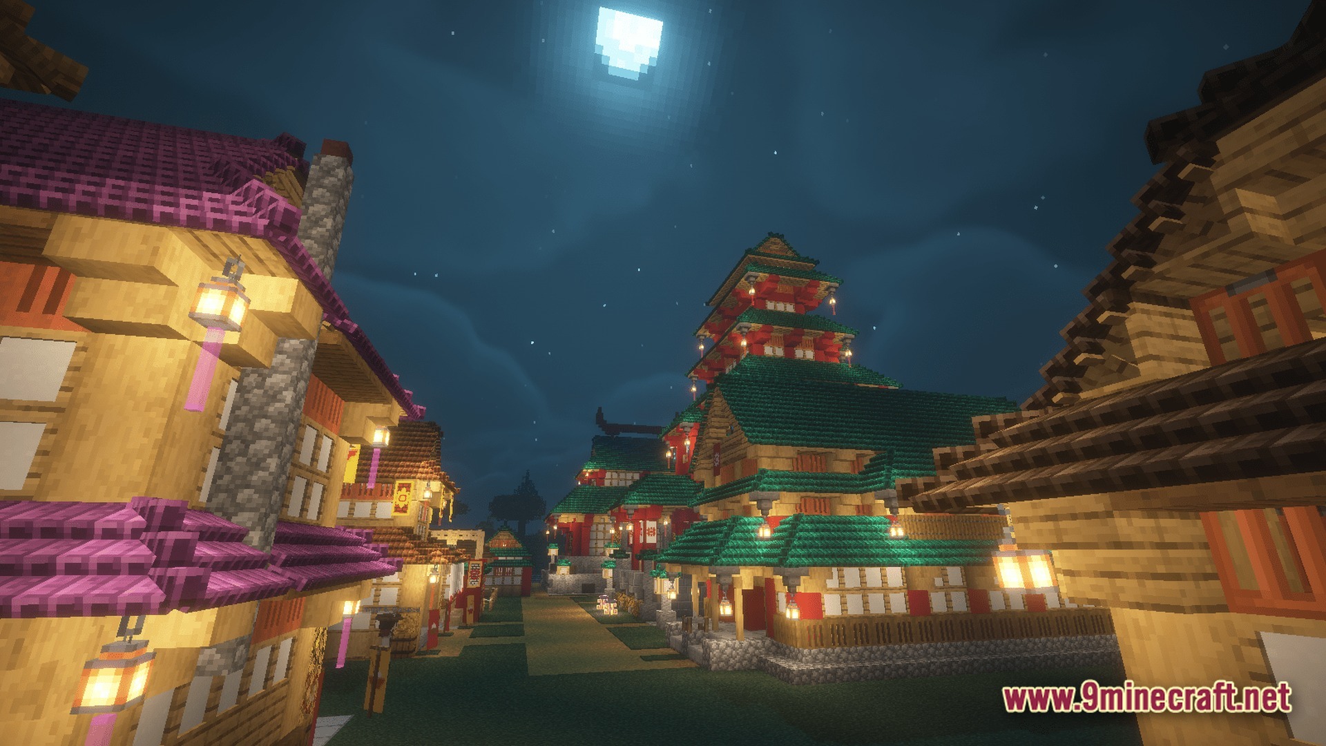 All The Mods 10 ATM10 Modpack Screenshot 9 A village of Japanese-style buildings with colorful tiered roofs under a night sky with a full moon