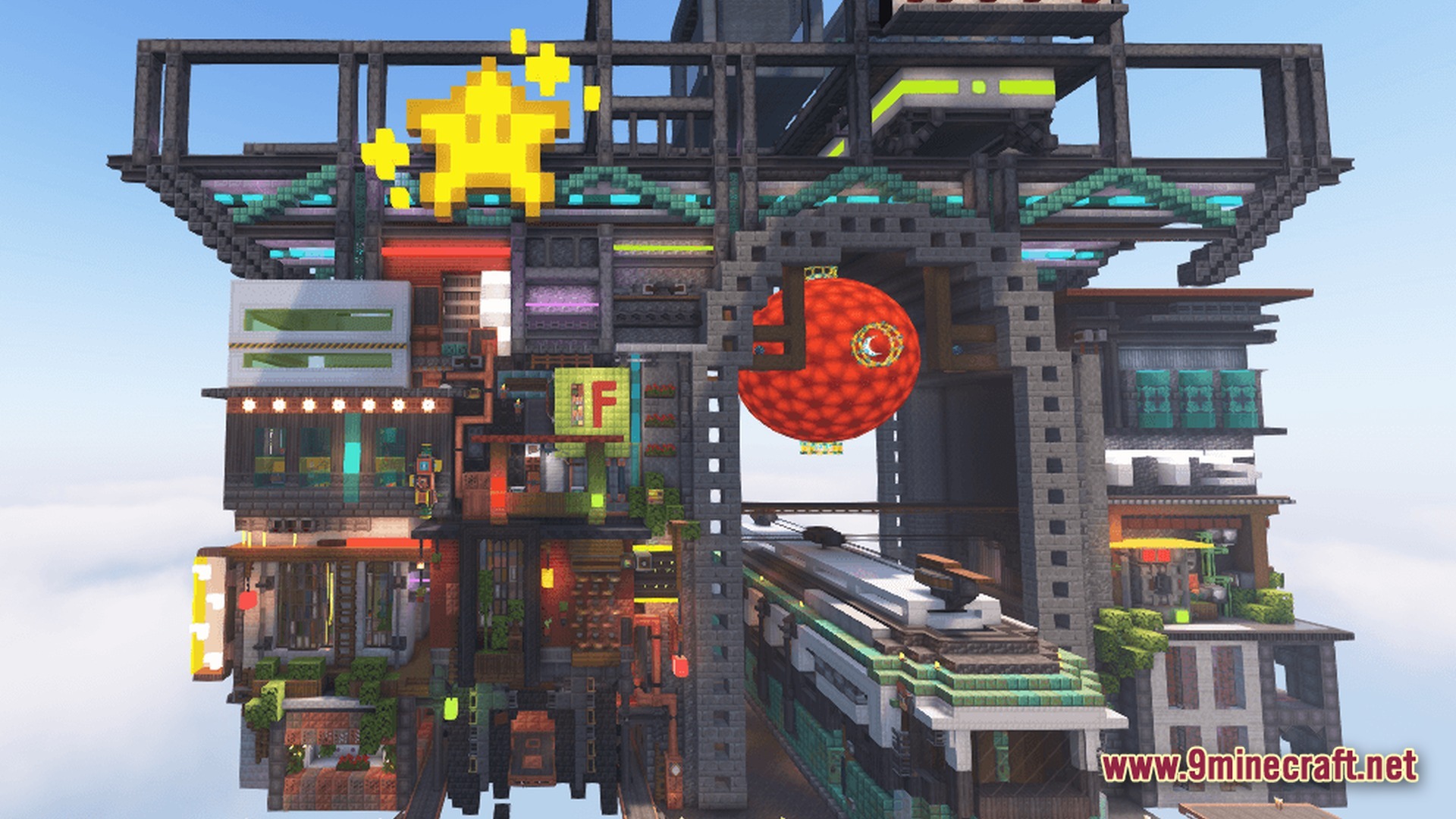 A complex industrial skybase featuring a train station, neon signs, and a large decorative star