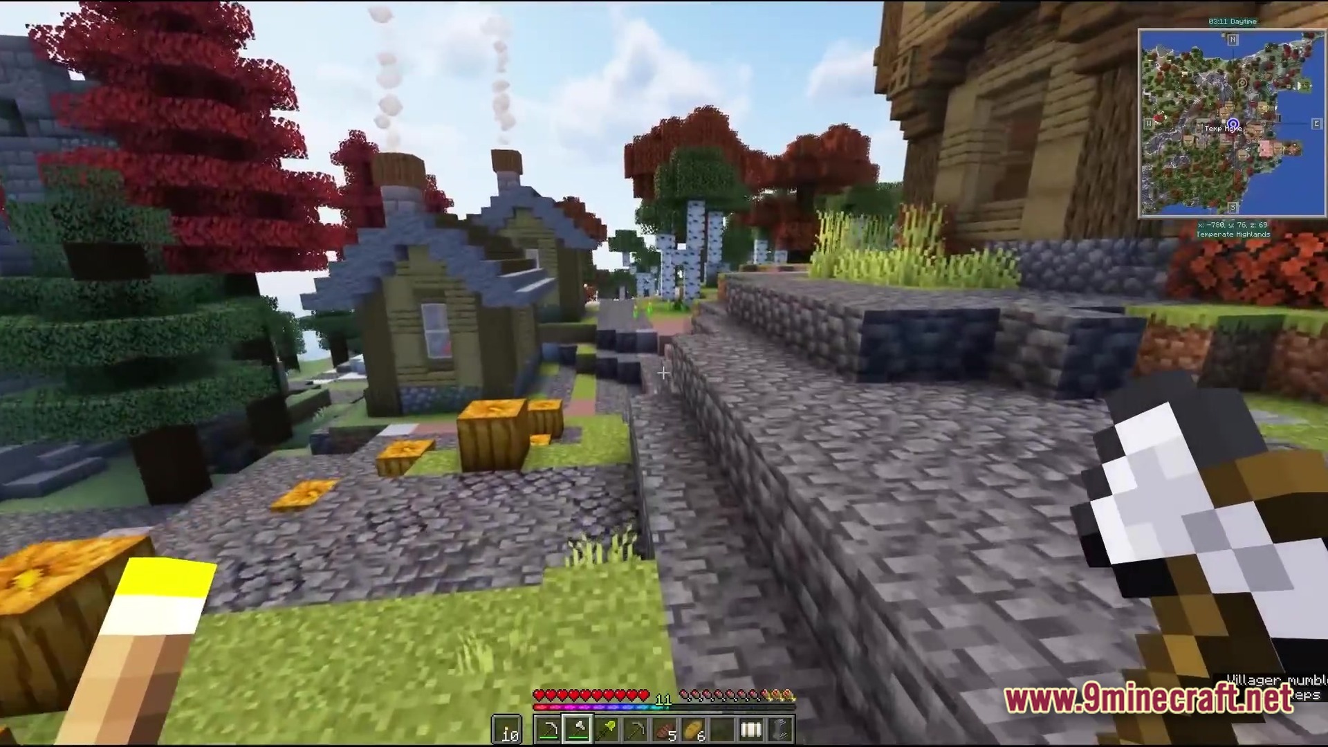 A player holds an axe while standing near wooden houses in a Temperate Highlands biome