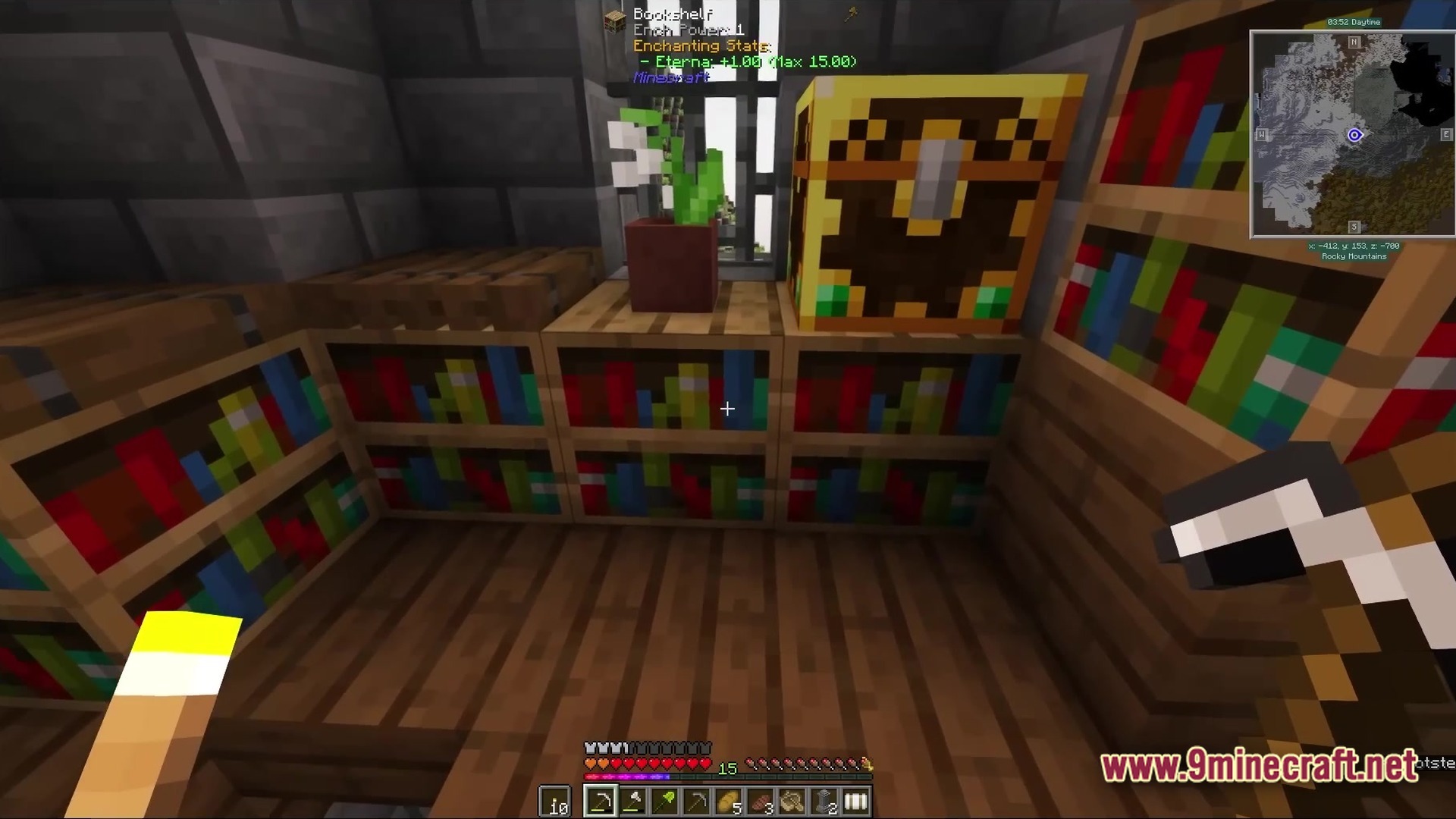 A player stands in a room with bookshelves, a potted flower, and a golden chest