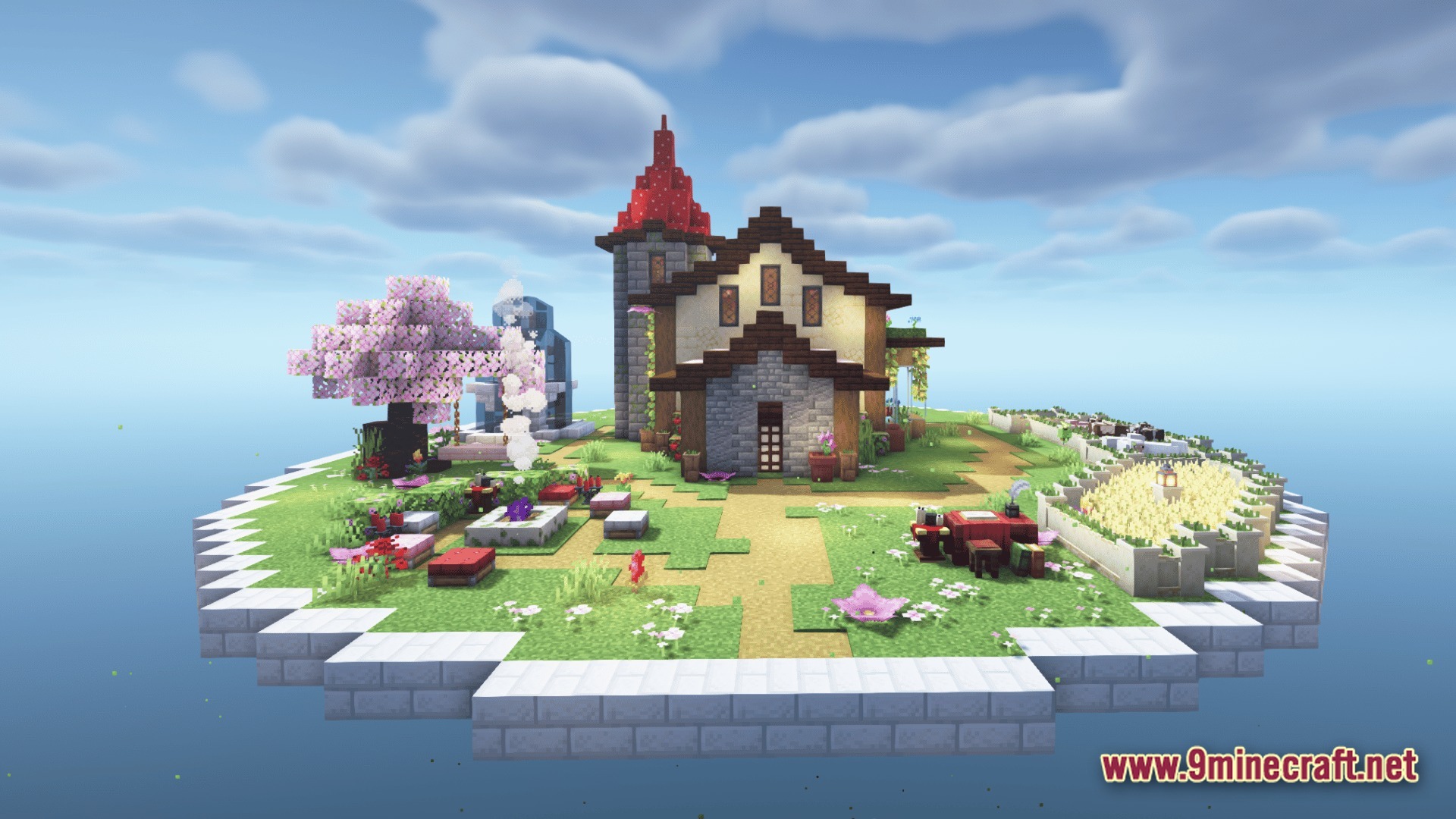 A floating skyblock island featuring a medieval house, cherry blossom tree, and small crop farm