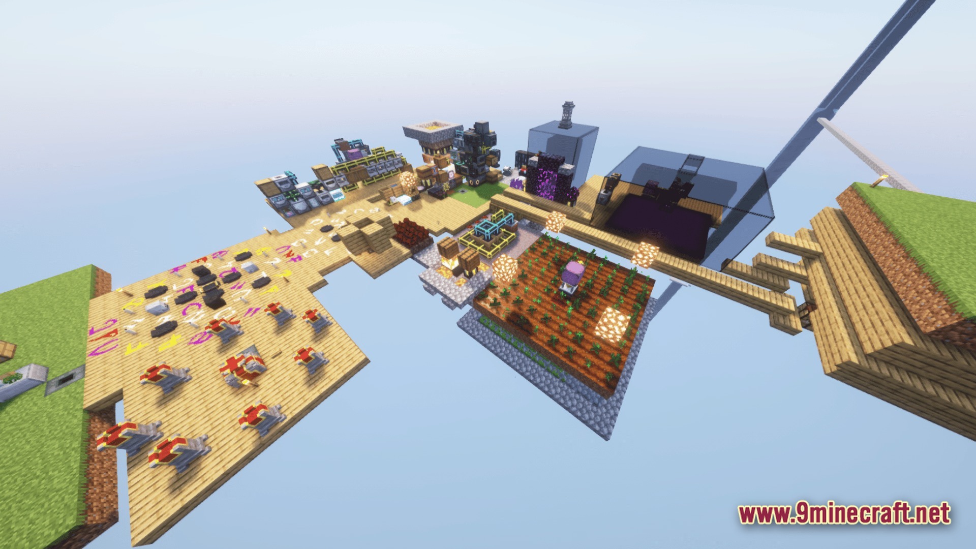 An automated skyblock base featuring mystical agriculture crops, industrial machinery, and various modded processing stations