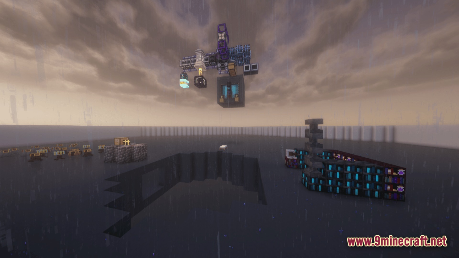 Floating machinery and an Apotheosis enchanting setup on a skyblock platform during a rainstorm