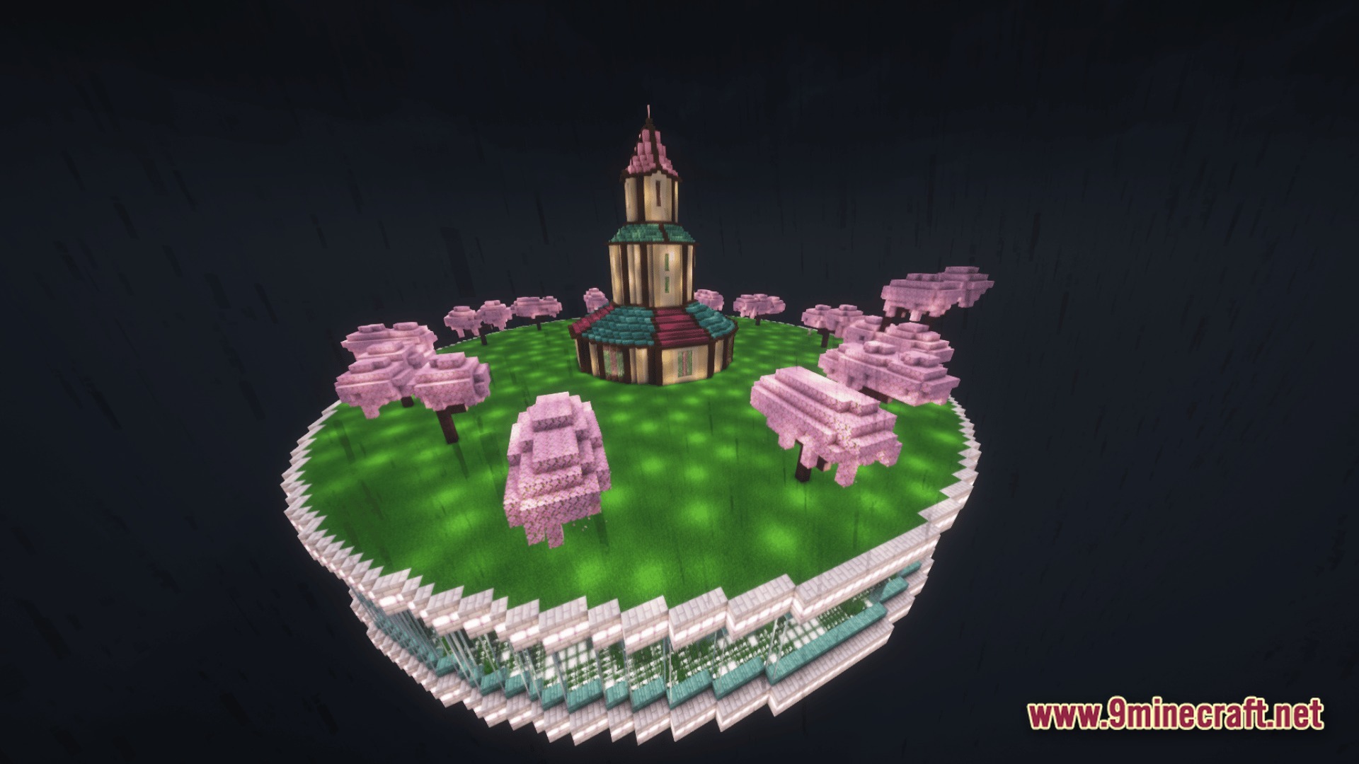 A tiered tower structure surrounded by cherry blossom trees on a circular floating island base