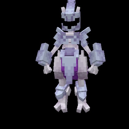 All the Mons X Mega Showdown Data Pack Screenshot 1 A blocky Minecraft model of Mewtwo wearing shiny silver battle armor