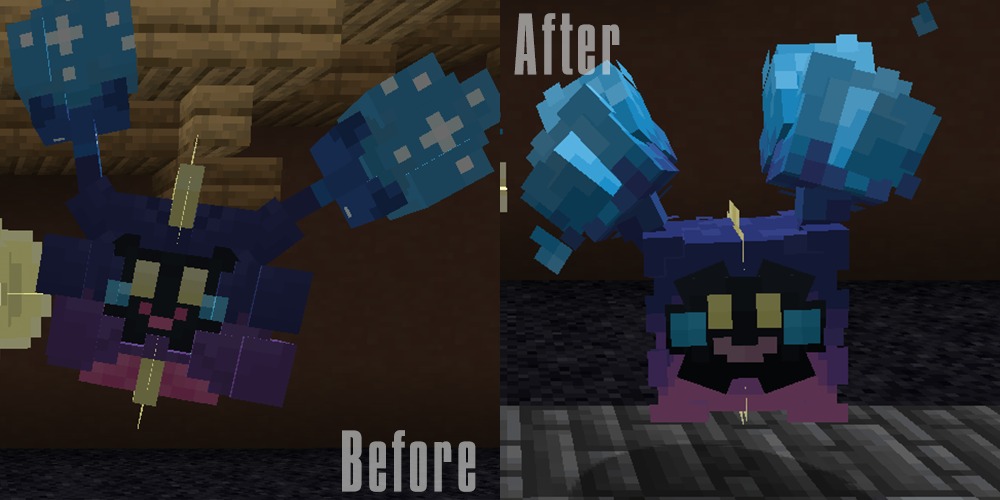 All the Mons X Mega Showdown Data Pack Screenshot 5 Before and after comparison showing the improved blue and purple creature model