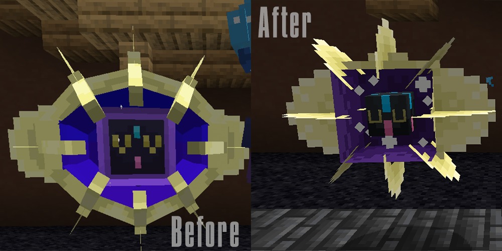 All the Mons X Mega Showdown Data Pack Screenshot 6 Before and after comparison showing the improved purple and gold creature model