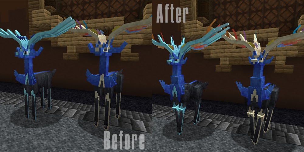All the Mons X Mega Showdown Data Pack Screenshot 7 Comparison showing improved textures and models for a blue deer creature