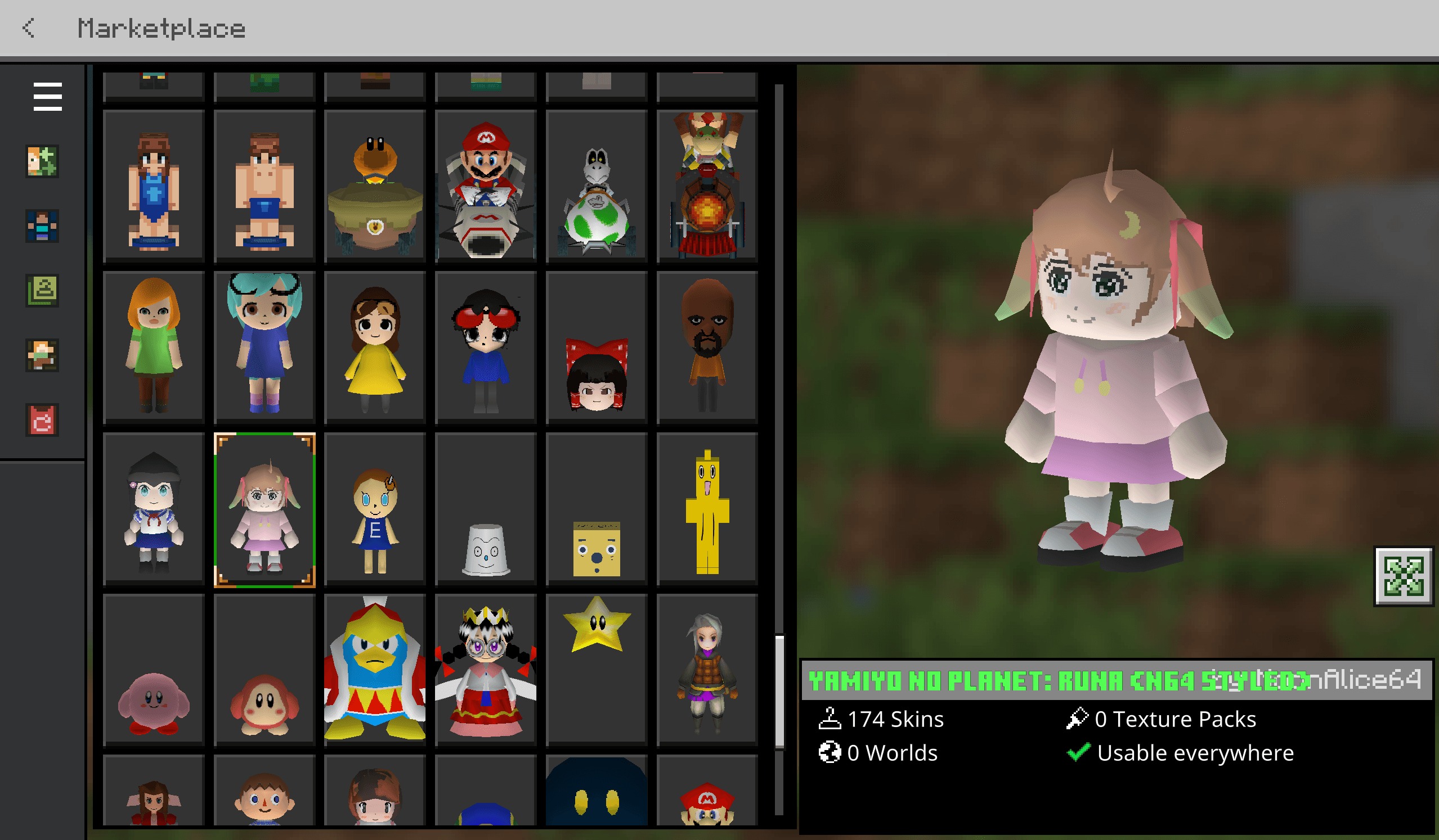 Alleis Skin Pack Skin Pack Screenshot 1 Alleis Skin Pack menu showing custom skins and unique anime character models