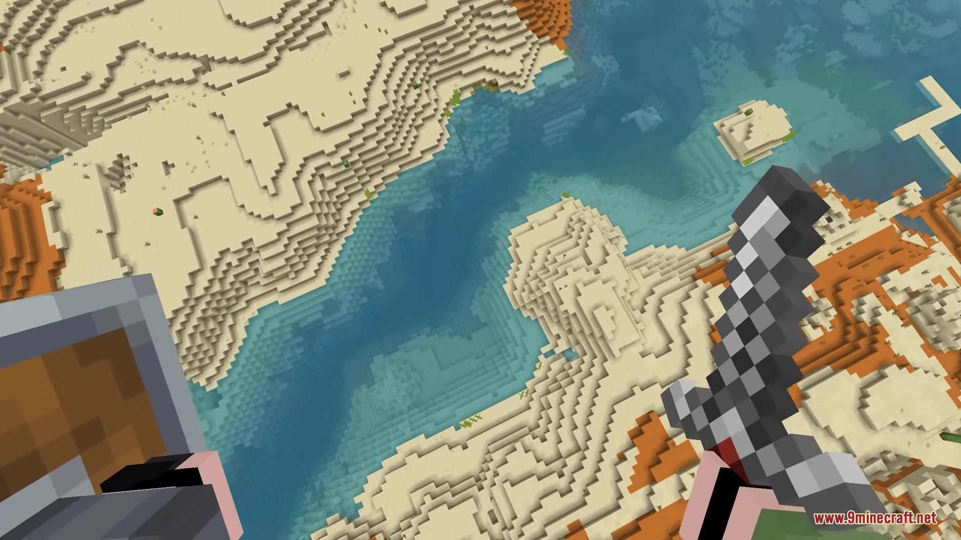 Alternative Custom Player Animations Resource Pack Screenshot 2 First person view of a player holding a sword and shield above a desert