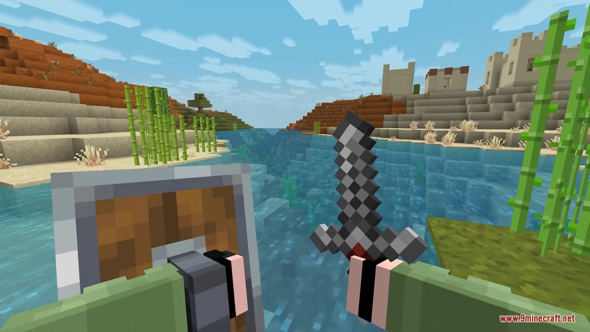 Alternative Custom Player Animations Resource Pack Screenshot 4 Player holding a sword and shield while standing near a desert village
