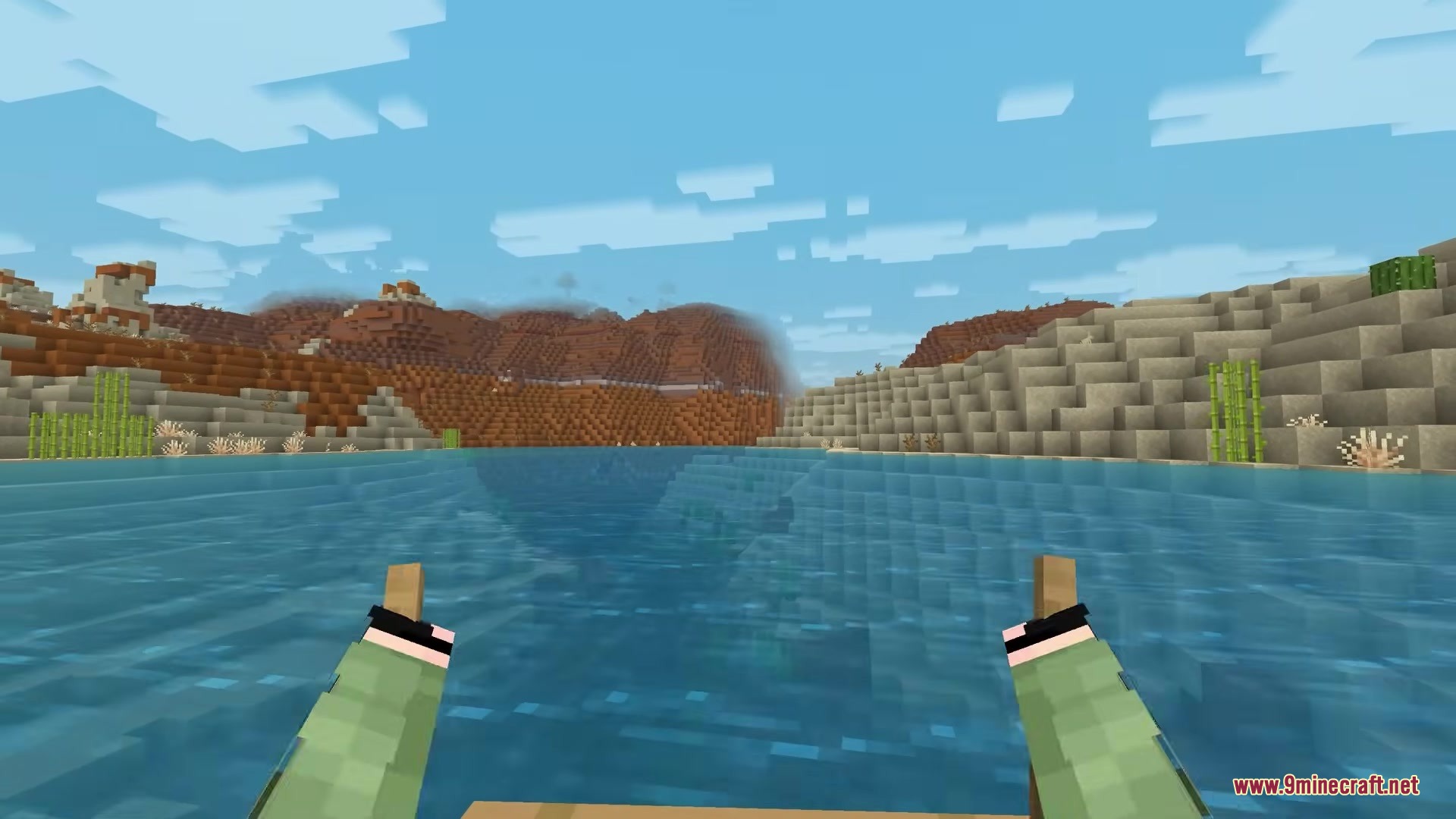 Alternative Custom Player Animations Resource Pack Screenshot 5 First person view of a player rowing a boat across a blue lake