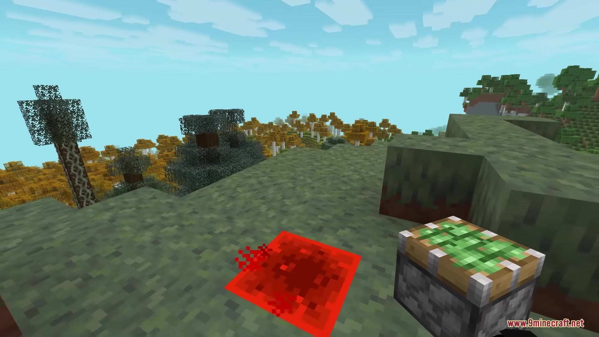 Alternative Custom Player Animations Resource Pack Screenshot 7 A sticky piston and redstone dust on a hill overlooking autumn trees