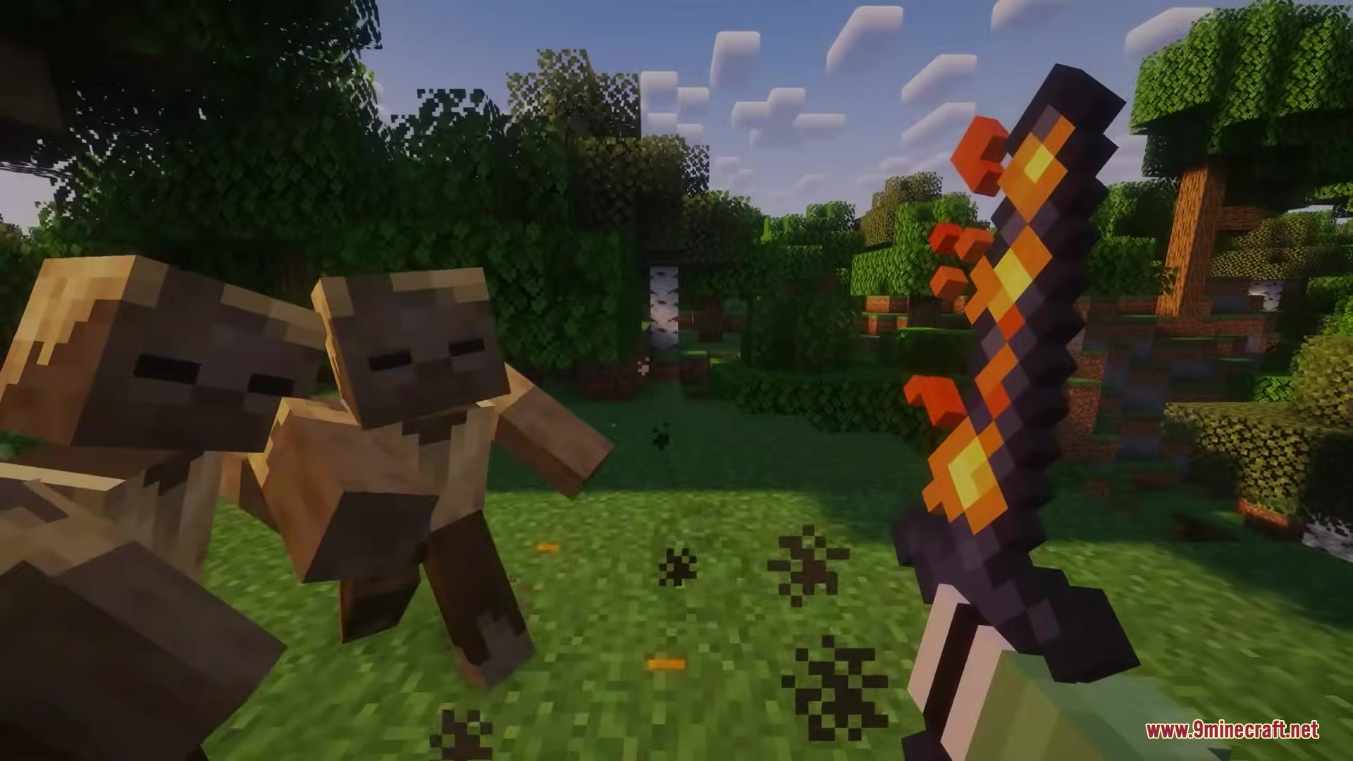 Alternative Custom Player Animations Resource Pack Screenshot 8 Player holding a flaming sword in a new combat pose against husks