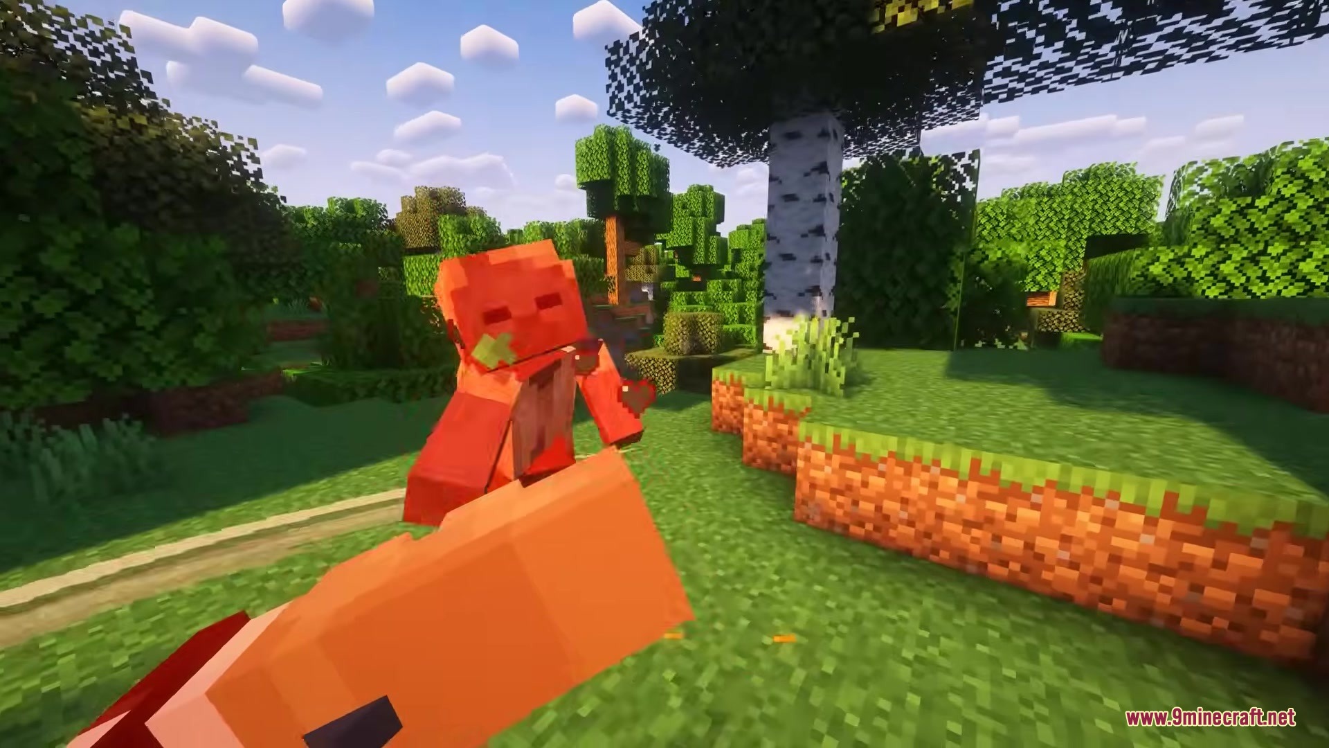 Alternative Custom Player Animations Resource Pack Screenshot 9 An orange Minecraft character standing in a forest with a custom idle pose