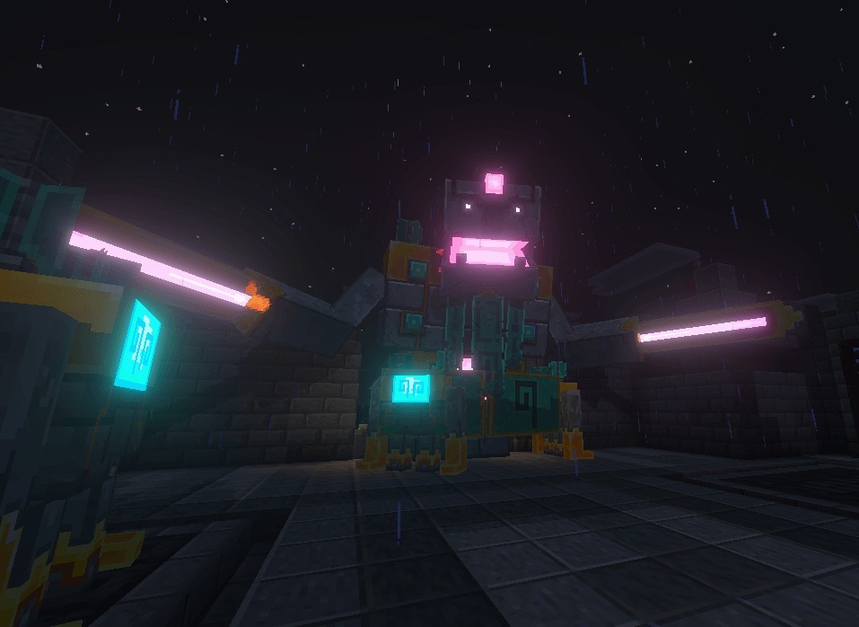 Alylica's Dungeons Addon Screenshot 3 A giant mechanical boss with glowing pink eyes standing in a dark dungeon