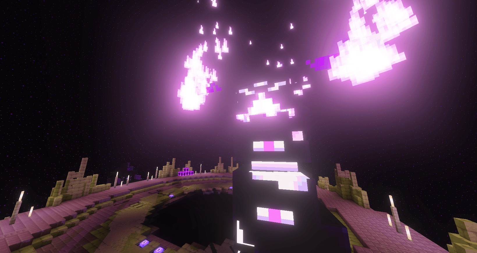 Alylica's Dungeons Addon Screenshot 4 Tall dark boss with glowing purple flames in a custom end dimension structure