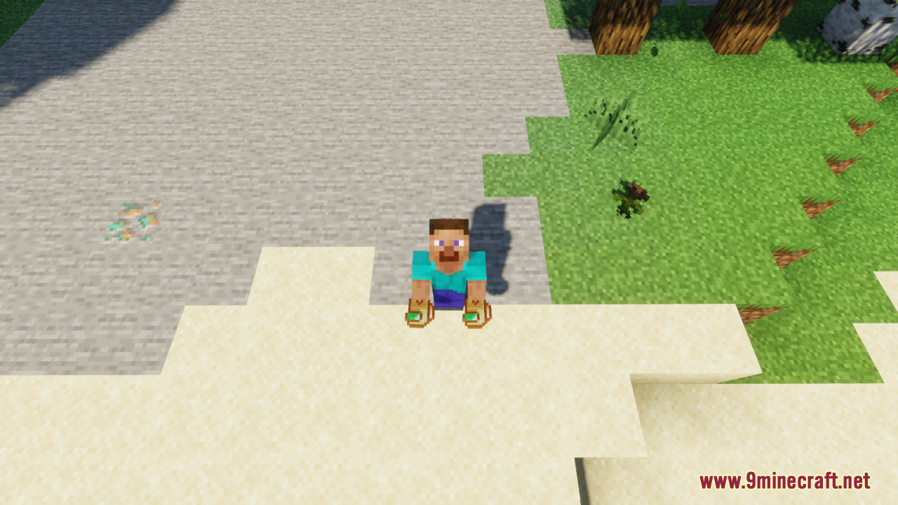 A player character dual wielding Among Us crewmate totems while standing on sand